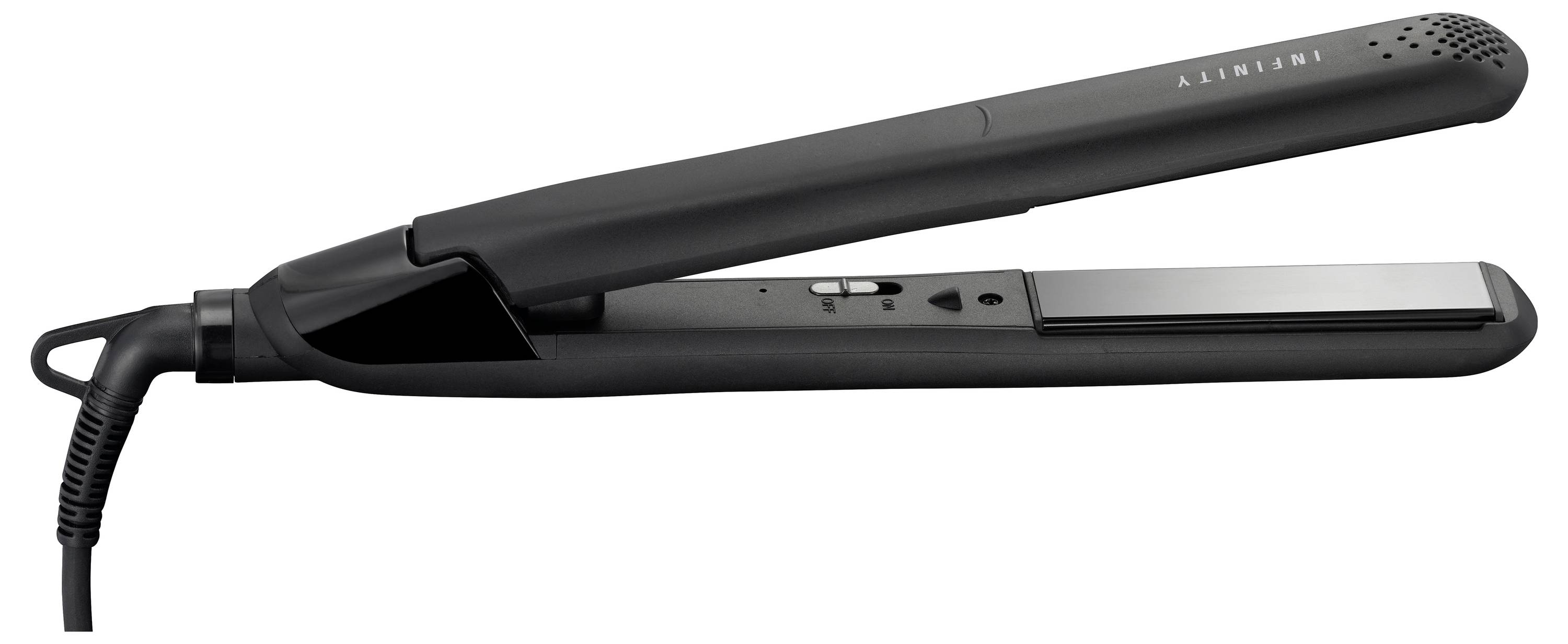 Ein schwarzer Haarglätter mit Kabel, geöffnet, um die flachen Keramikplatten und Bedienknöpfe am Griff zu zeigen.