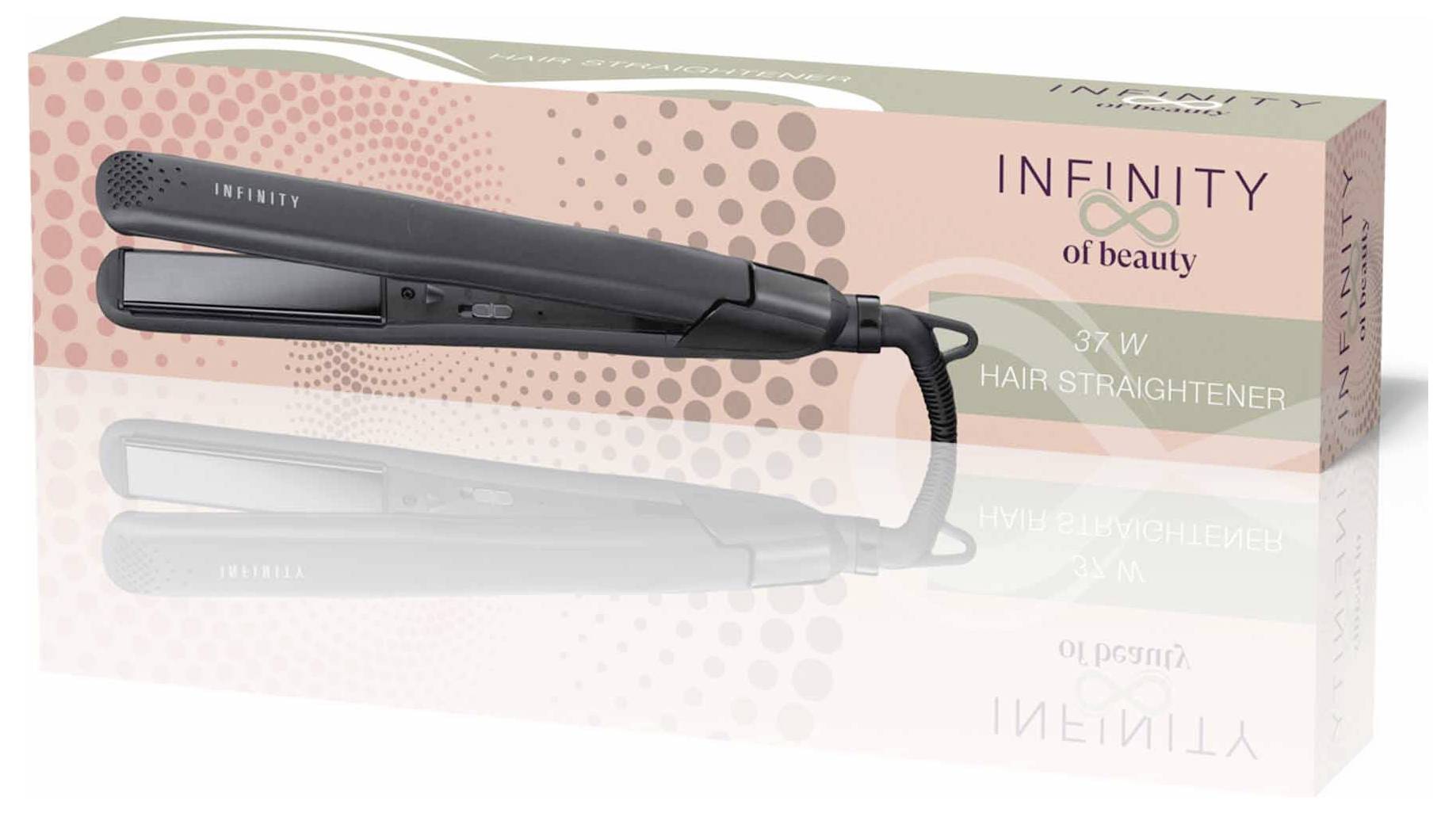 Ein schwarzes Glätteisen der Marke 'Infinity of Beauty' ist vor seiner passenden Produktverpackung positioniert.