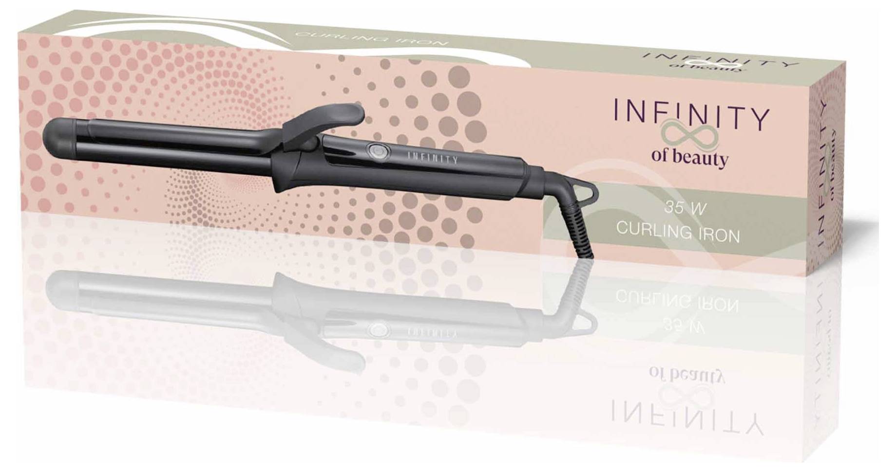 Das Bild zeigt einen Lockenstab vom Typ 'Infinity of Beauty' mit 38W, der einen schwarzen Griff und eine schwarze Keramikdurchmesser besitzt, neben seiner pinken Verpackungsbox, die das Logo und ein Polka-Dot-Muster trägt.