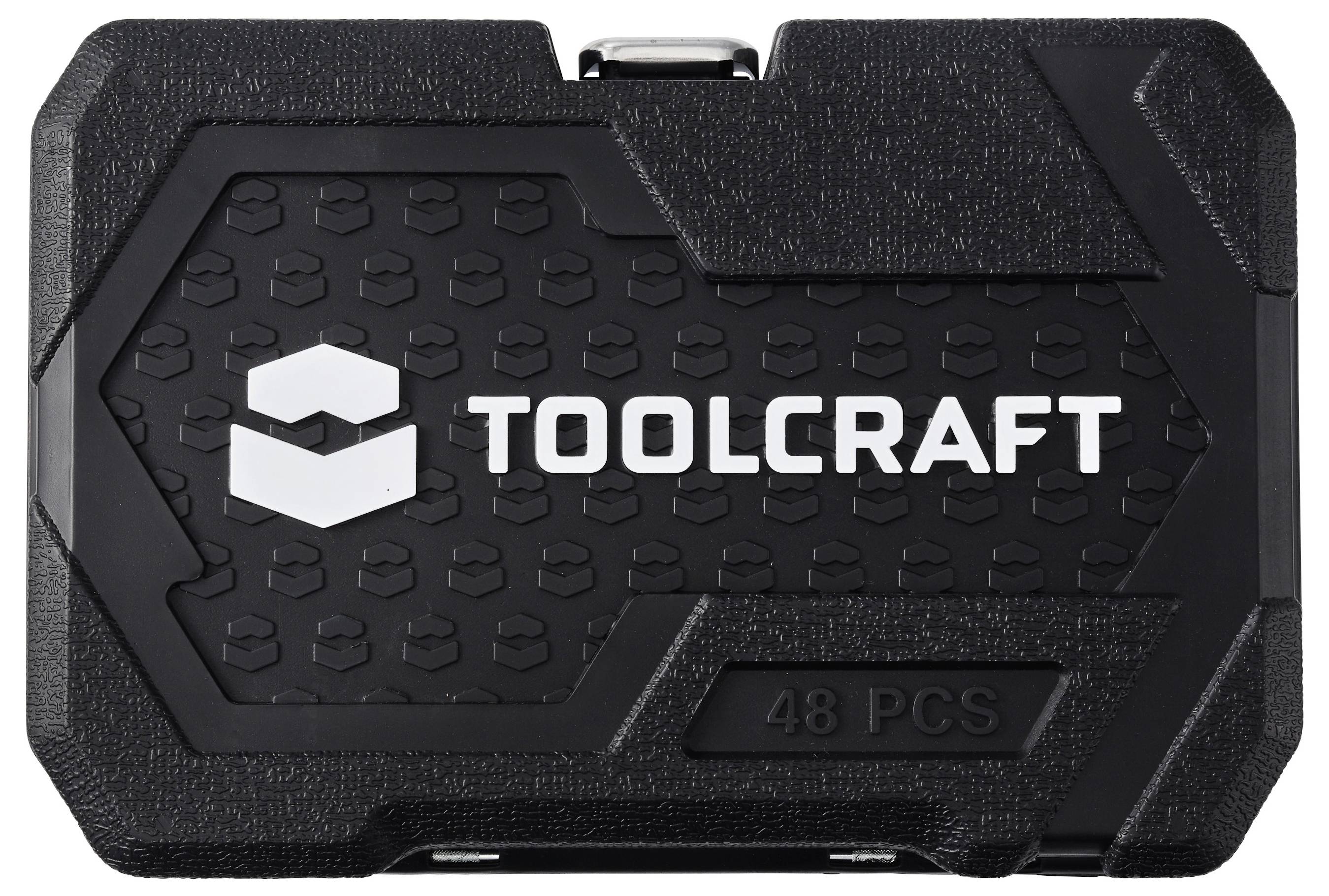 Schwarzer Toolcraft 48-teiliger Werkzeugkasten mit Logo auf dem Deckel, geschlossen vor weißem Hintergrund abgebildet.