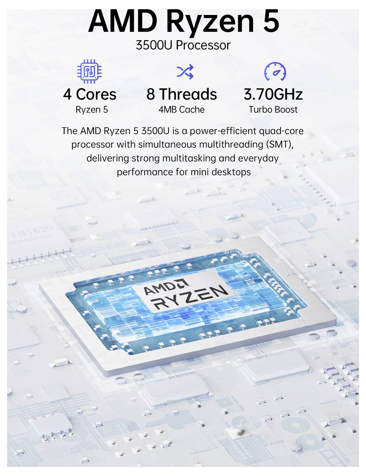 AMD Ryzen 5 3500U ProzessorSpezifikationen: 4 Kerne, 8 Threads, 3,70 GHz Turbo. Visualisierung eines Chips auf Schaltkreishintergrund.