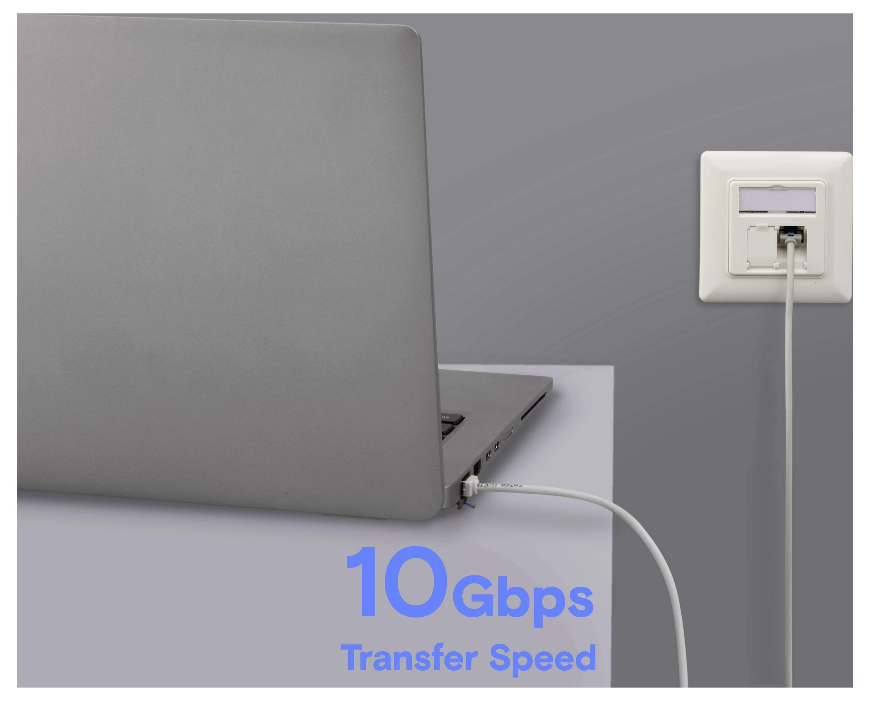 Ein Laptop, der mit einem Kabel an eine Wandsteckdose angeschlossen ist; der Text darunter lautet „10-Gbps-Übertragungsgeschwindigkeit