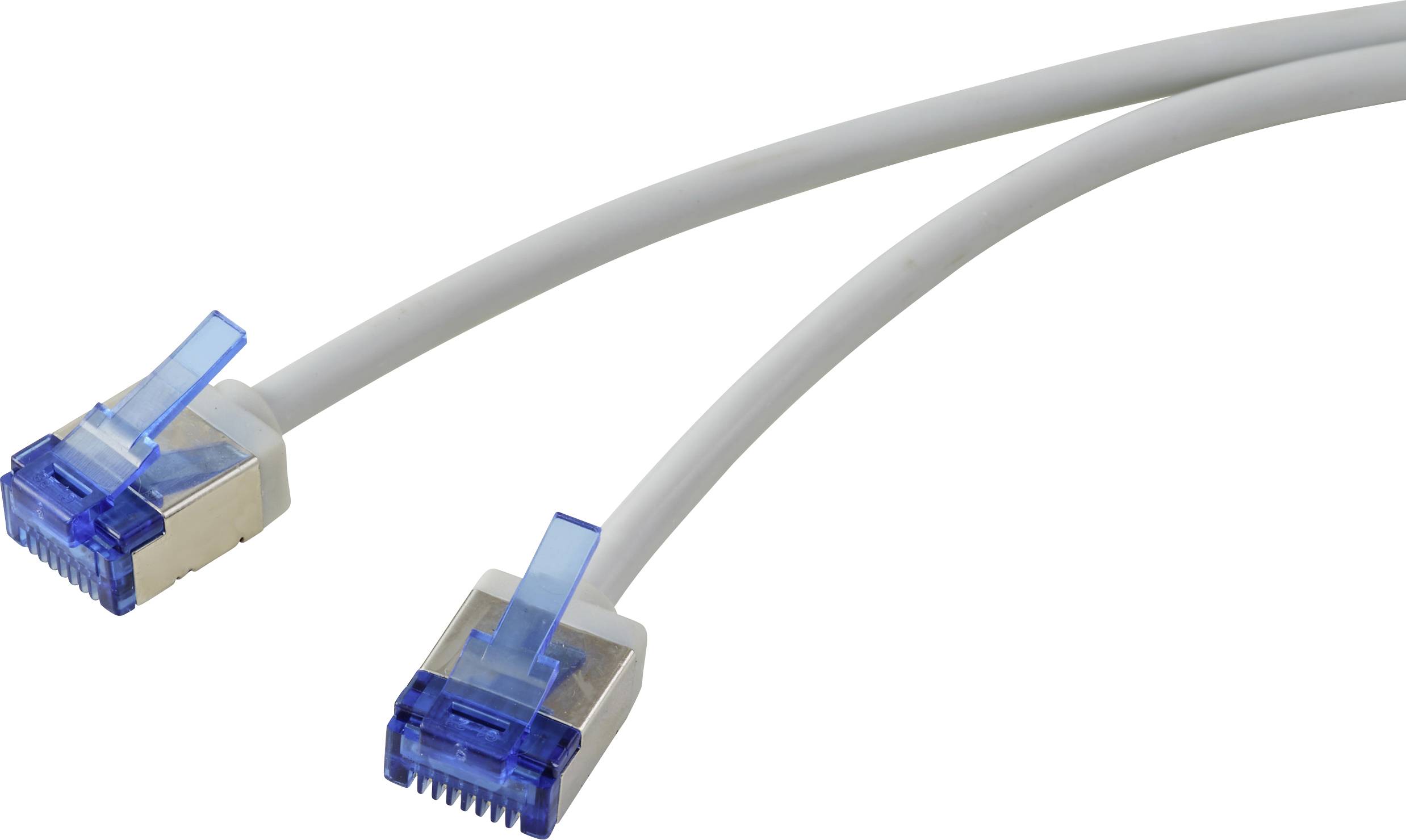Zwei graue Ethernet-Kabel mit blauen Steckern, die für Netzwerkverbindungen verwendet werden.