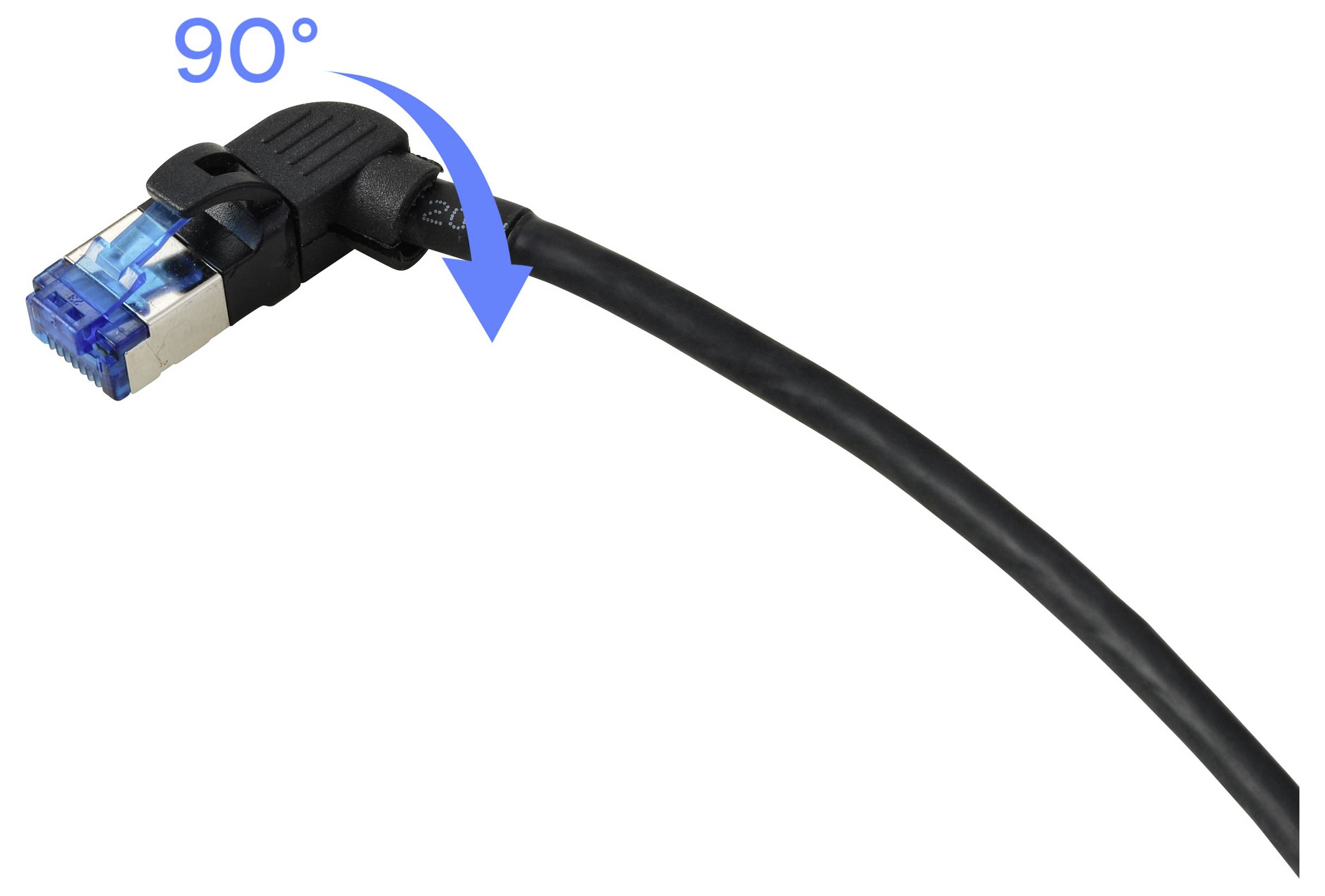 Ein Ethernet-Kabel mit einem blauen Stecker biegt sich in einem 90-Grad-Winkel, angezeigt durch einen blauen Pfeil.