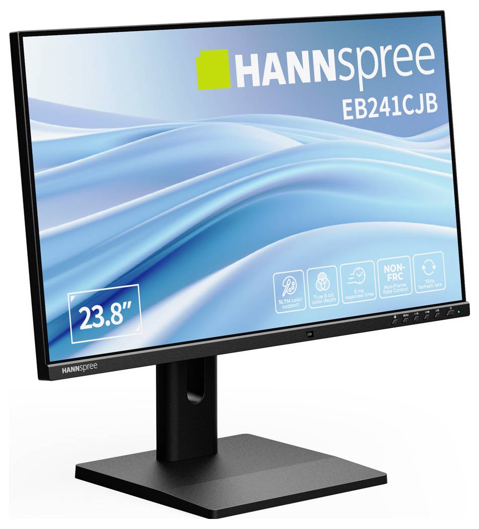 Monitor auf Ständer, der ein blaues Wellendesign zeigt und mit 'HANNSPREE EB241CJB' beschriftet ist. Marketingsymbole heben Schlüsselfunktionen hervor.