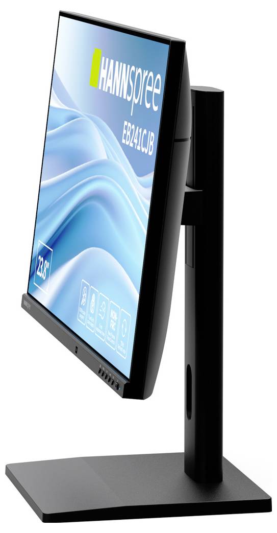 Ein schlanker schwarzer Monitor mit blauem Display, auf dem Wellenformen und der Text 