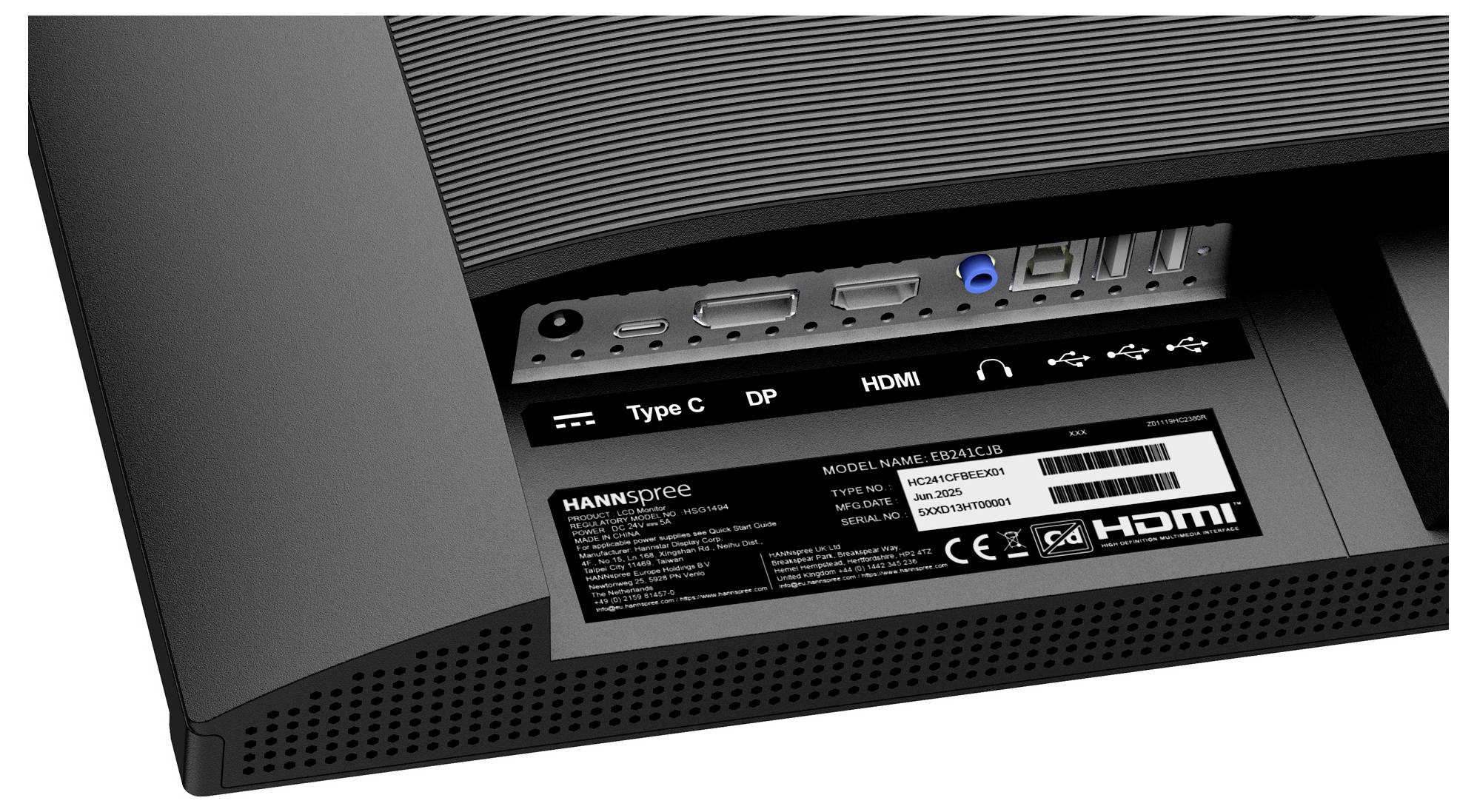Rückansicht eines Monitors, der Anschlüsse wie Type C, DP und HDMI neben dem Produktetikett der Marke Hannspree zeigt.