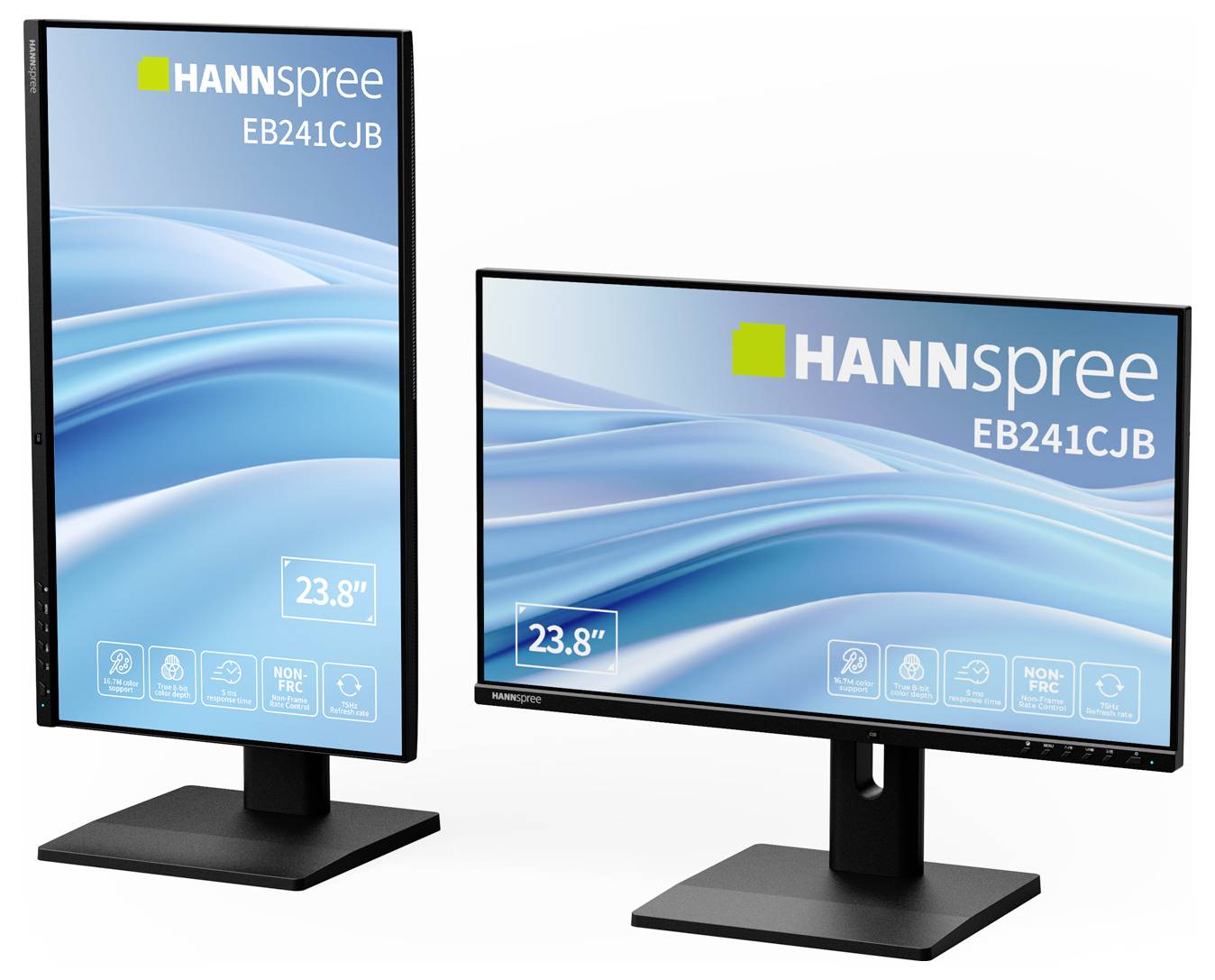 Zwei Monitore, die ein blaues Wellendesign anzeigen. Der linke Monitor ist vertikal, der rechte horizontal. Beide zeigen die Details 'HANNspree EB241CJB' und '23,8 Zoll'.