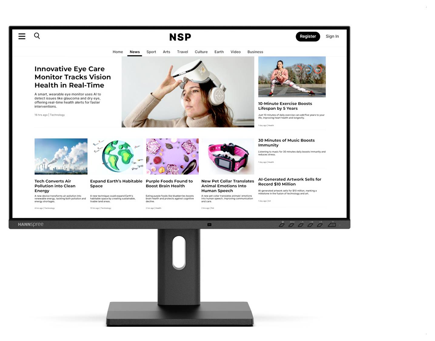 Computer-Monitor, der eine Website mit verschiedenen Technologie- und Lifestyle-Artikeln anzeigt. Hauptartikel mit dem Titel ‚Innovatives Eye-Care-Gerät verfolgt Sehgesundheit in Echtzeit'.