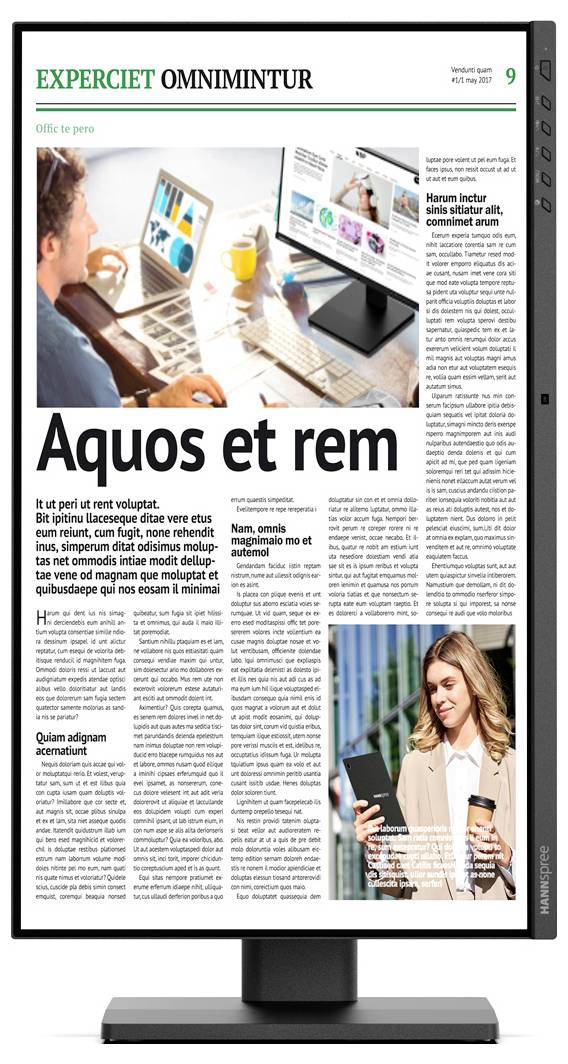 Eine digitale Zeitungsseite mit der Überschrift 'Aquos et rem', die eine Büroumgebung als Bild oben zeigt und eine Frau, die draußen ein Smartphone nutzt.