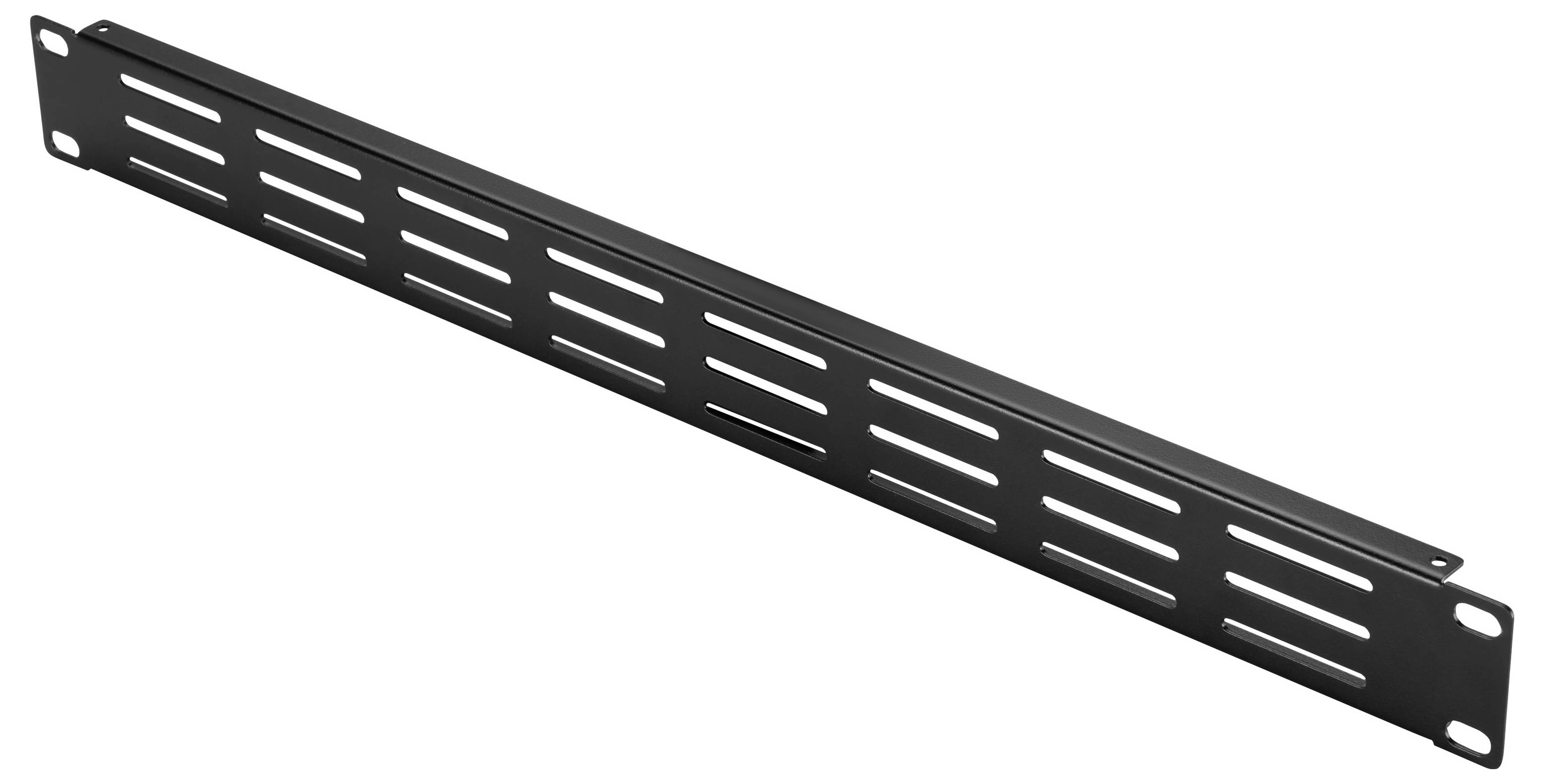 Schwarzes Metallbefestigungswinkel für Rackbefestigung mit verlängerten Belüftungsschlitzen und Schraubenlöchern an beiden Enden.