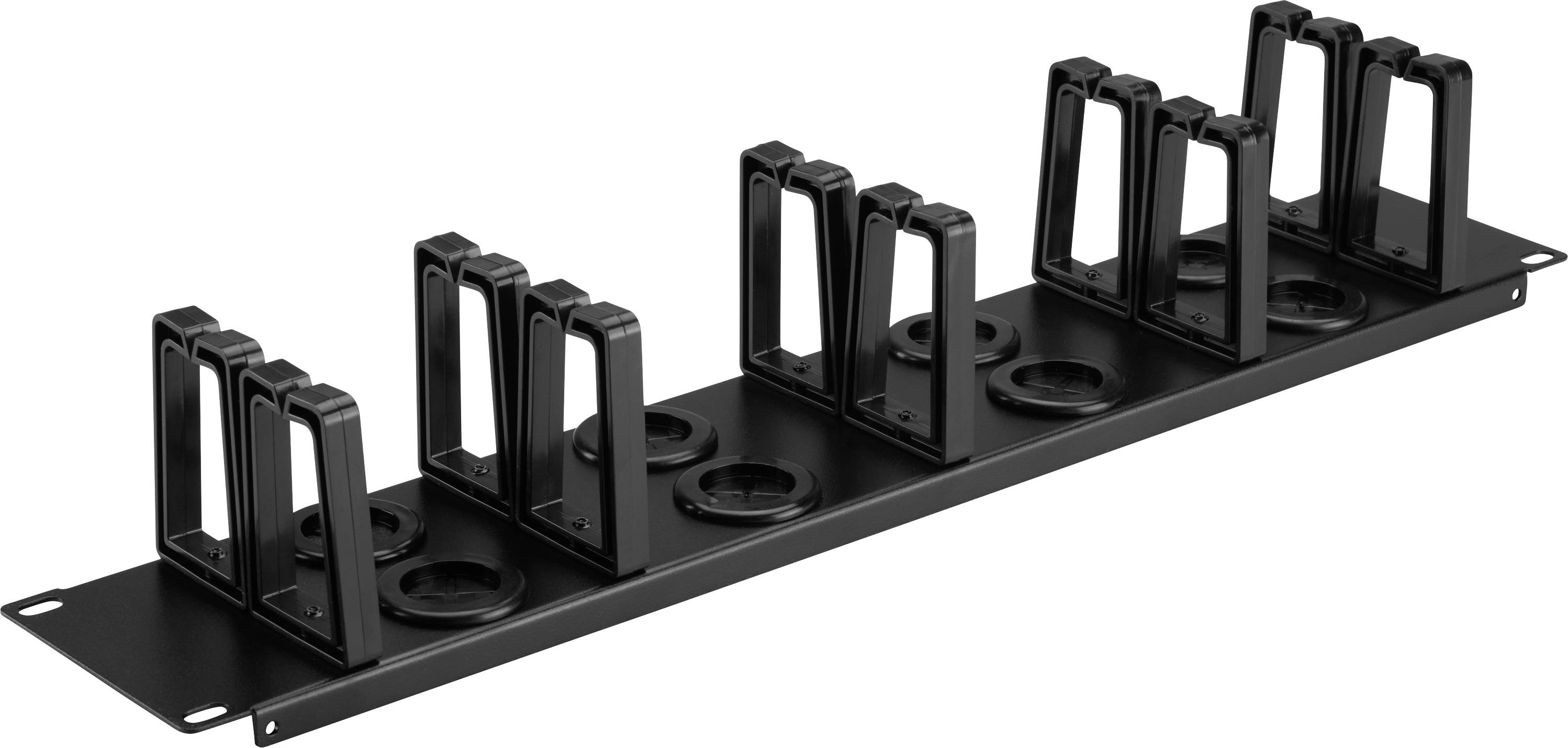 Schwarzes Metallregal mit fünf Paar aufrechten Haltern und kreisförmigen Ausschnitten, das zum Lagern oder Organisieren von Gegenständen auf einem Regal oder Tisch verwendet wird.