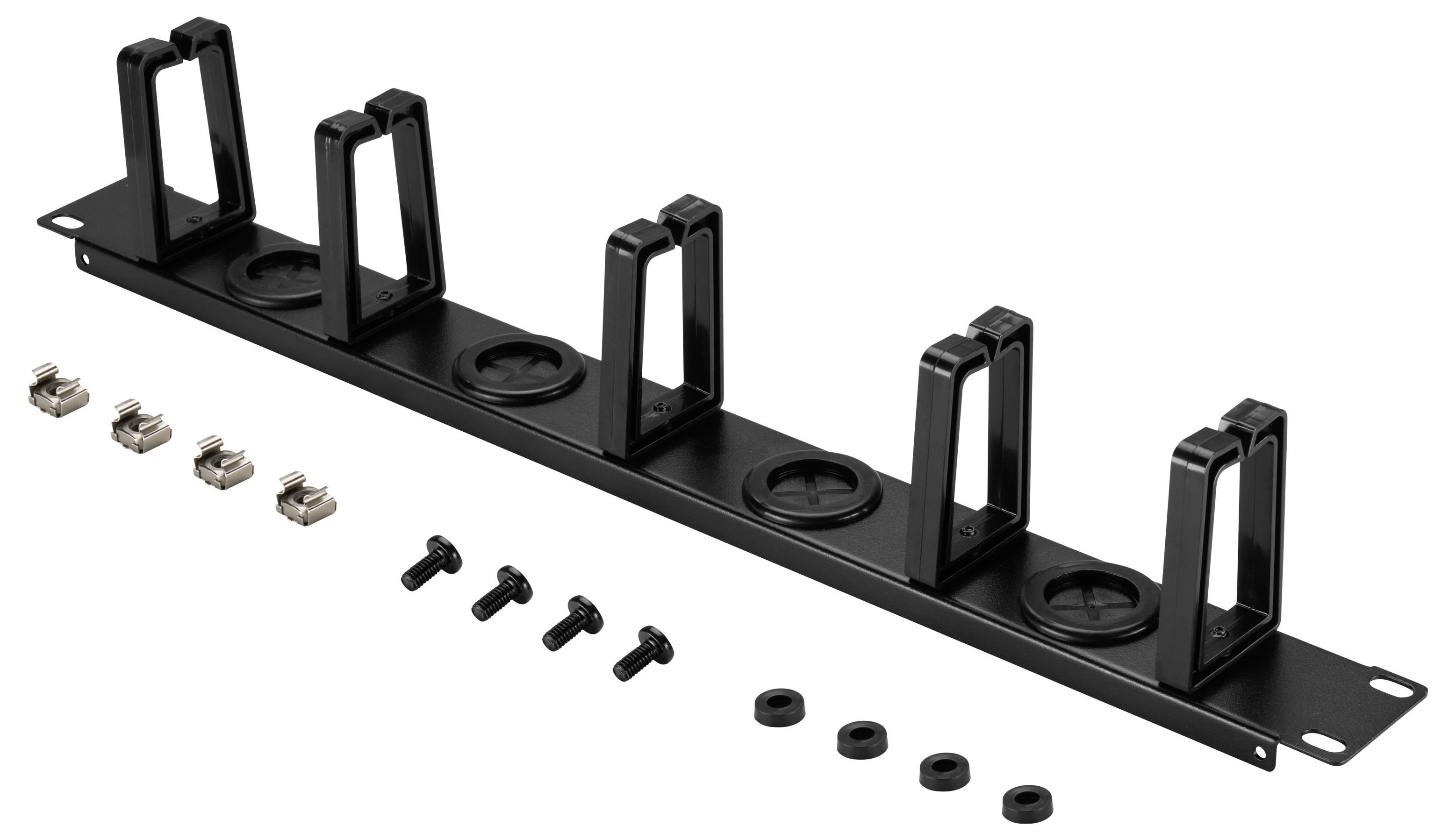 Schwarzes Rack-Mount-Kabelorganizer-Panel mit fünf vertikalen Schleifenhaltern und darunter angeordneten Schrauben, Muttern und Clips.