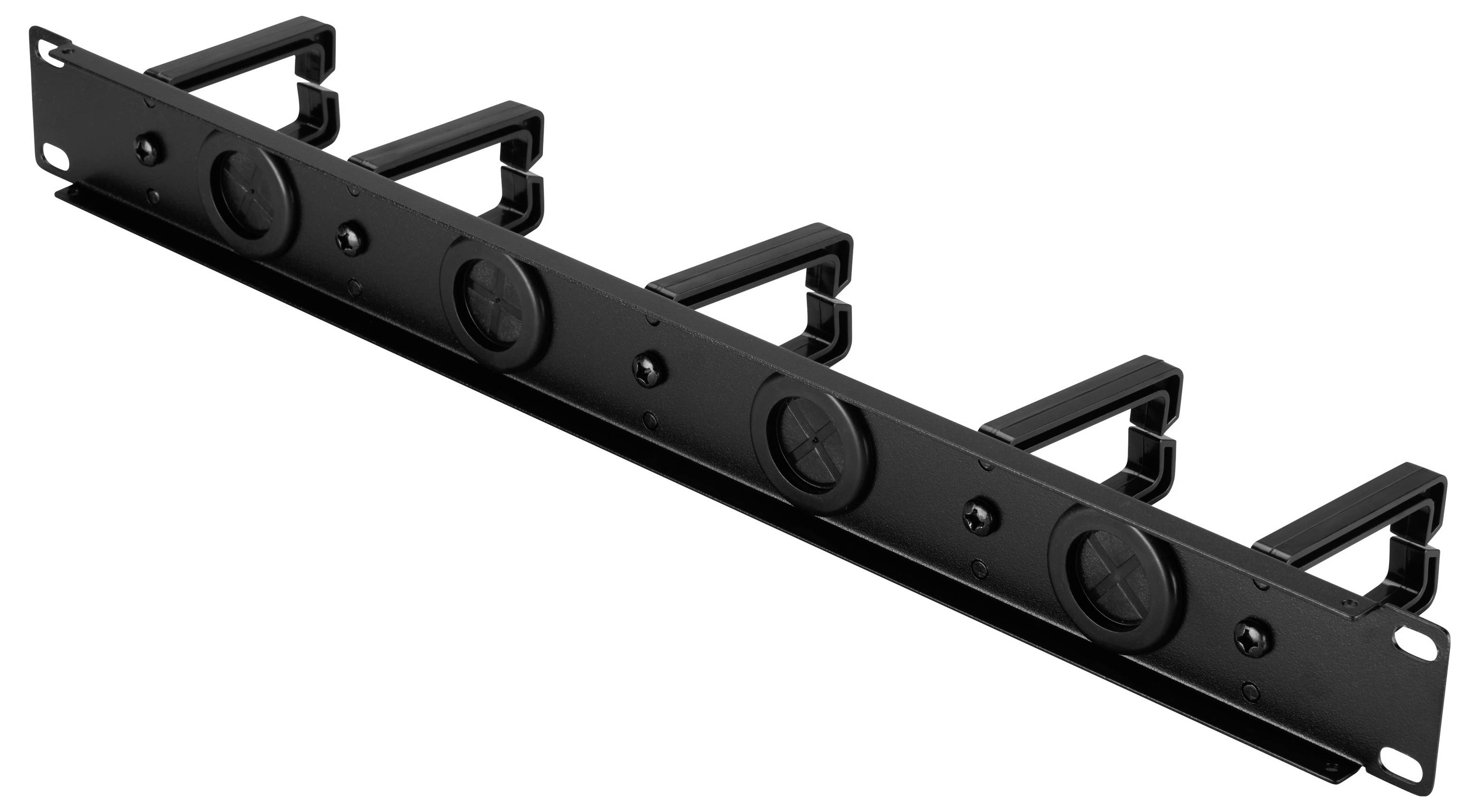 Schwarzes Metall-Rackmontagepanel mit fünf kreisförmigen Öffnungen und Scharniergriff-Griffen, gezeigt auf weißem Hintergrund.