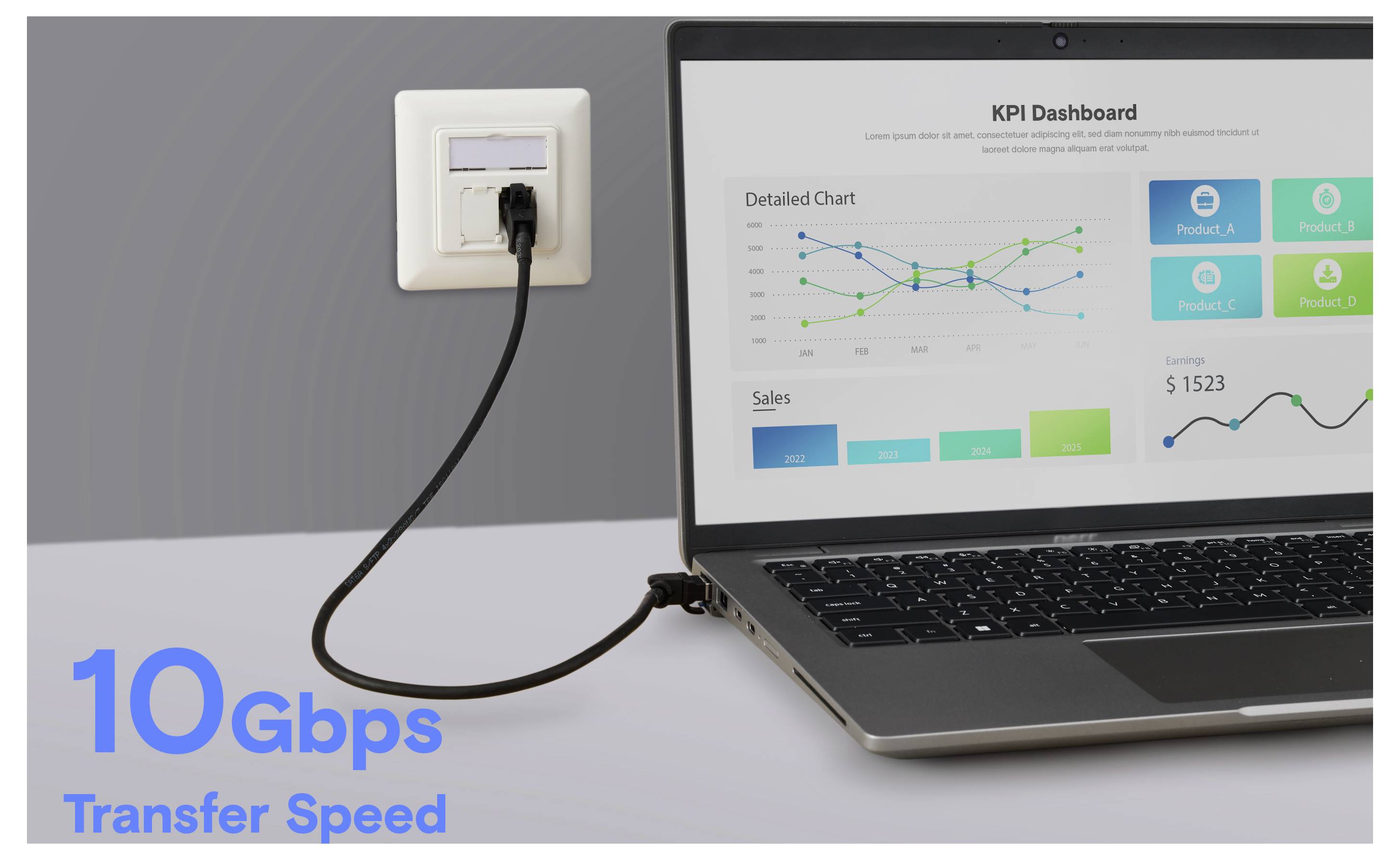 Ein Laptop mit einem KPI-Dashboard mit Diagrammen und Verkaufsdaten ist über ein Kabel mit einer Wandsteckdose verbunden, auf dem „10 Gbps Übertragungsgeschwindigkeit