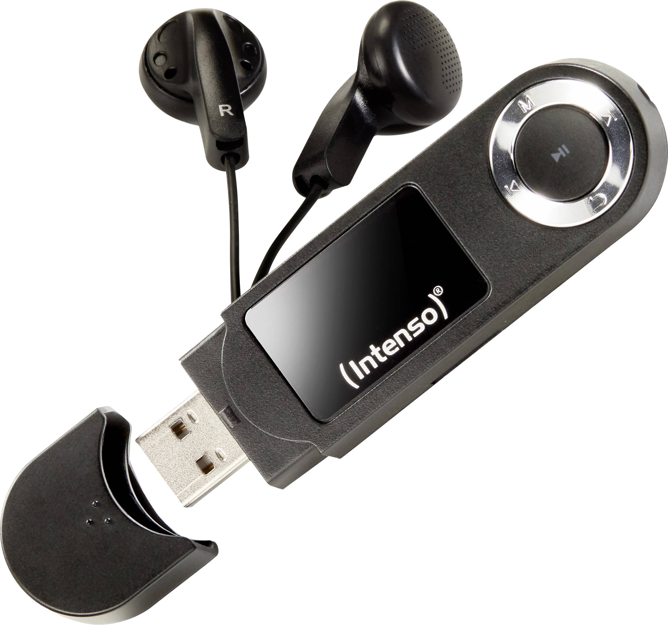 Ein schwarzer tragbarer MP3-Player mit einem kleinen Display, mit freiliegendem USB-Anschluss, begleitet von einem Paar schwarzer Kabel-Kopfhörer, die in der Nähe platziert sind.