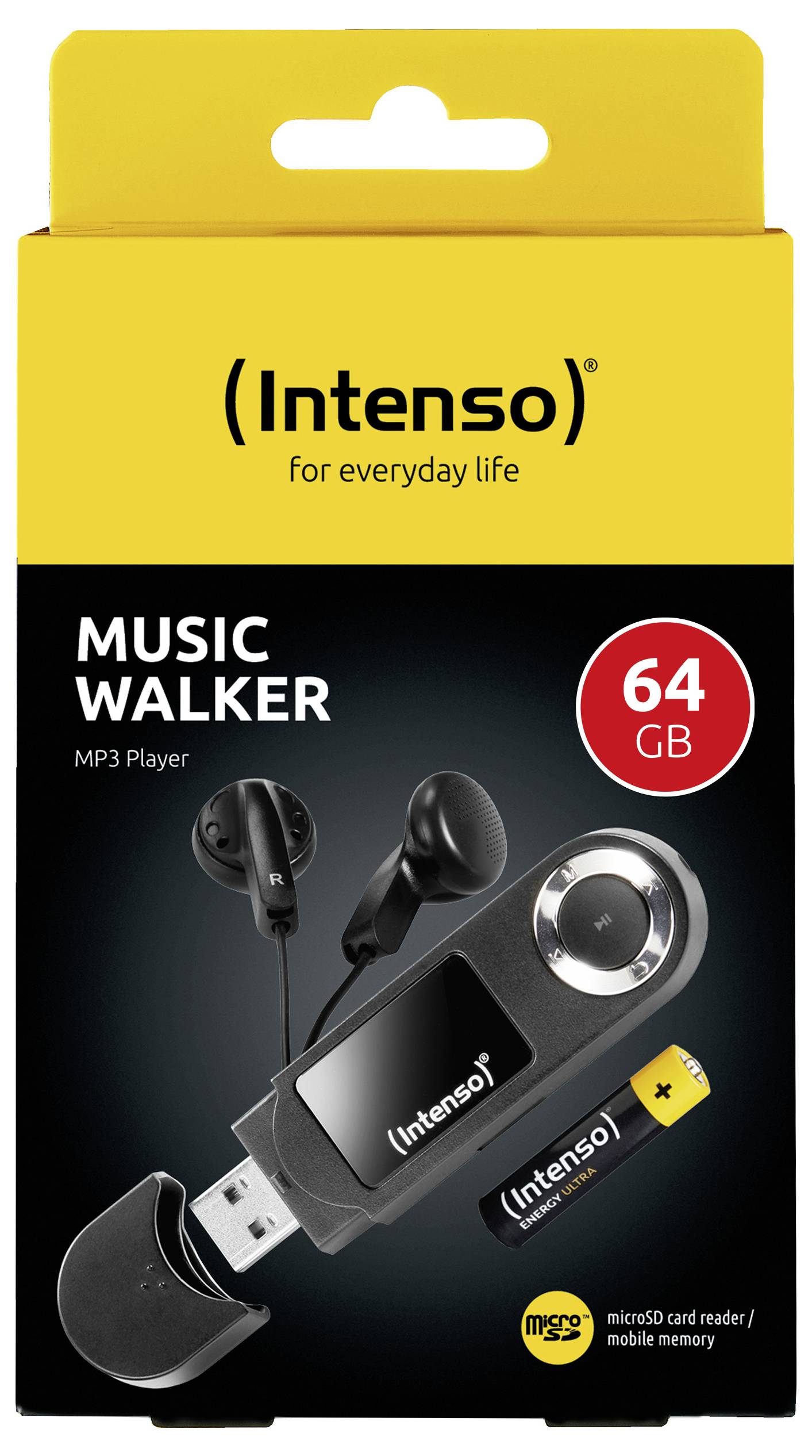 Das Verpackungsdesign des 'Intenso Music Walker MP3-Players, 64 GB' zeigt den MP3-Player, den USB-Anschluss und die Kopfhörer mit Betonung auf der Speichergröße.