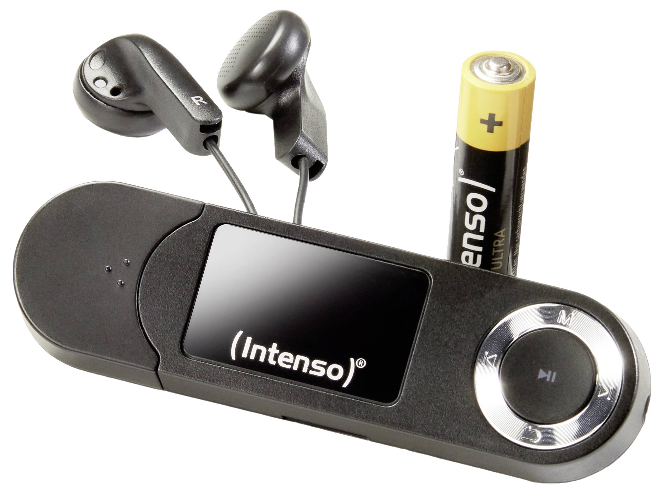 Ein schwarzer Intenso MP3-Player mit Ohrhörern und einer einzelnen AA-Batterie daneben. Der MP3-Player verfügt über ein kreisrundes Bedienpad.