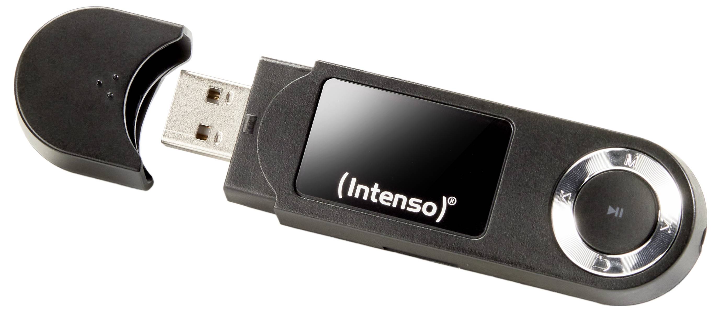 Ein schwarzer USB-Stick mit einem silbernen Knopf, teilweise in eine schwarze abgerundete Kappe eingesteckt, mit der Aufschrift 'Intenso'.