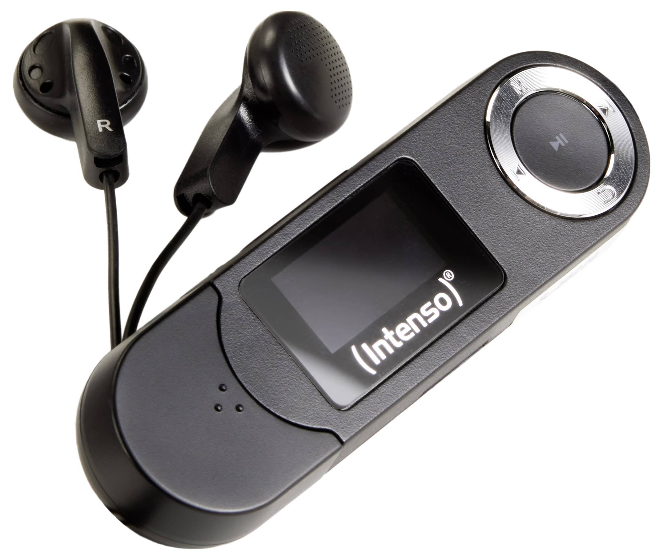 Ein schwarzer Intenso MP3-Player mit Display und rundem Bedienungskreis, zusammen mit schwarzen Kopfhörern, die mit 'R' und 'L' gekennzeichnet sind.