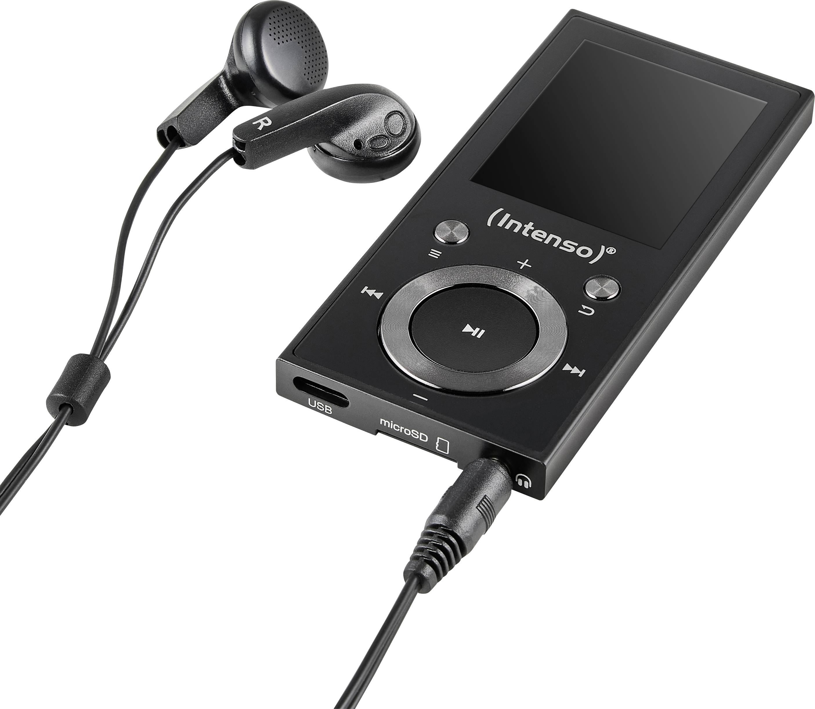 Ein schwarzer MP3-Player mit einem Display, das das Firmenlogo zeigt, kreisförmige Bedienknöpfe und angeschlossene schwarze Kopfhörer.