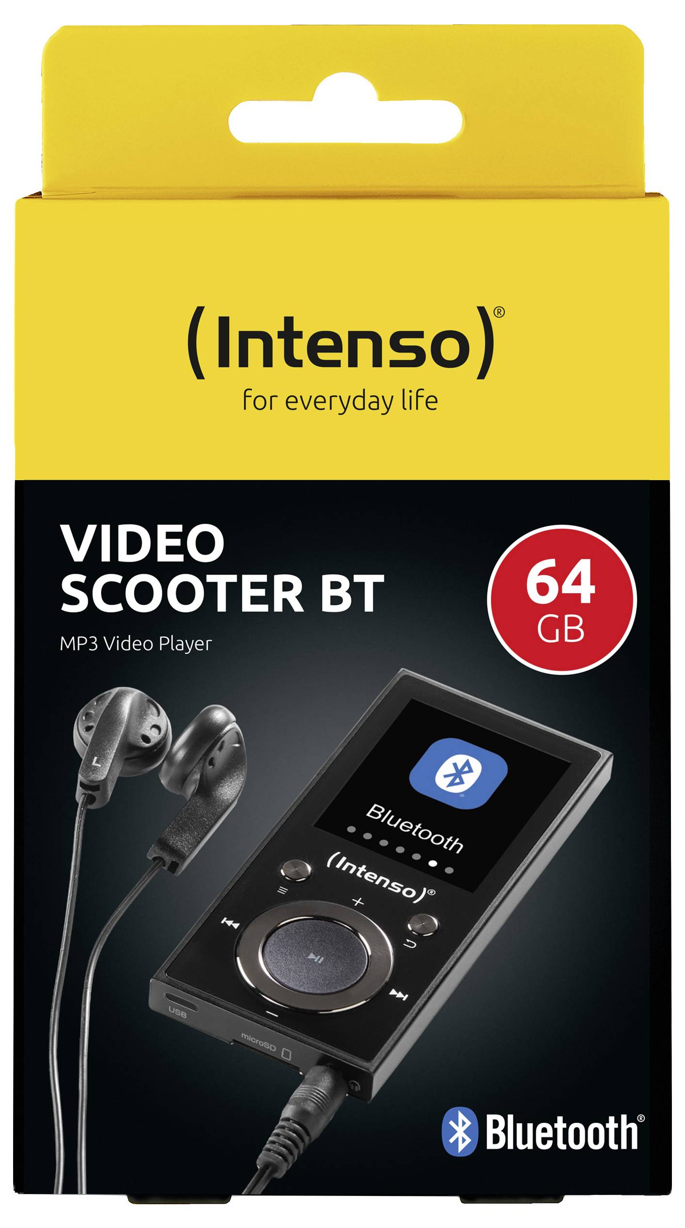 'Intenso Video Scooter BT' MP3-Videoplayer-Verpackung in Gelb. Mit Bluetooth-Konnektivität, 64 GB Speicher und inkludierten Kopfhörern.