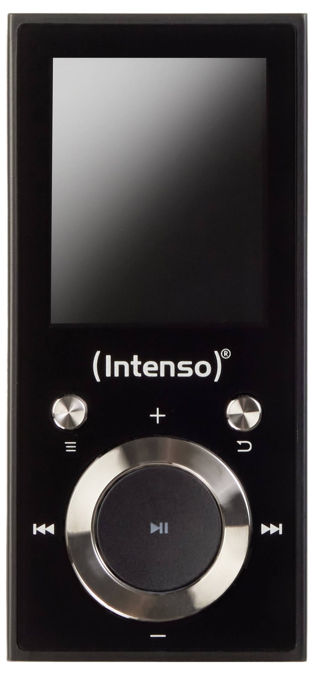 Ein schwarzer tragbarer MP3-Player mit einem Bildschirm oben und Bedienungstasten darunter, der mit der Marke 'Intenso' versehen ist.