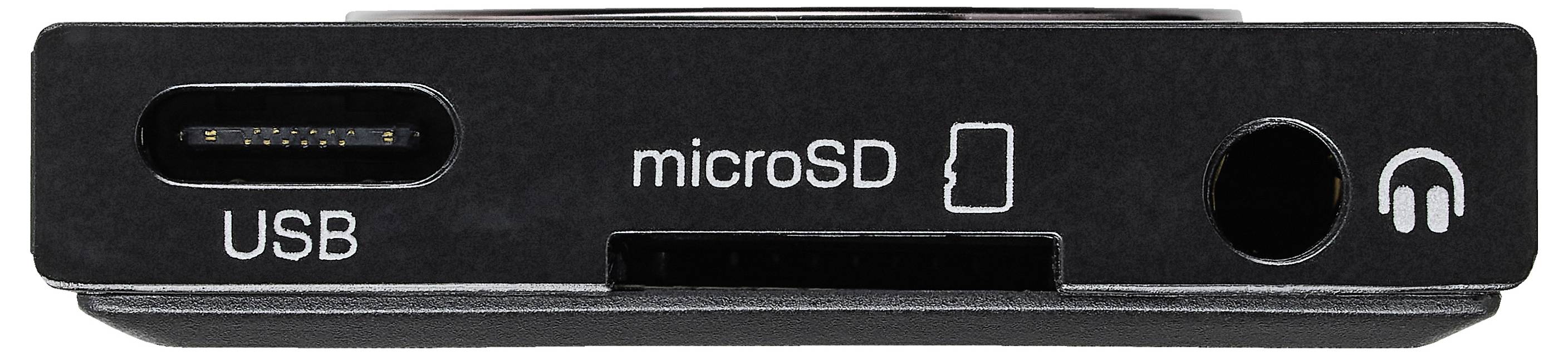 Nahaufnahme von Geräte-Anschlüssen, die USB, microSD und Kopfhörerbuchse auf einer schwarzen Oberfläche beschriften.