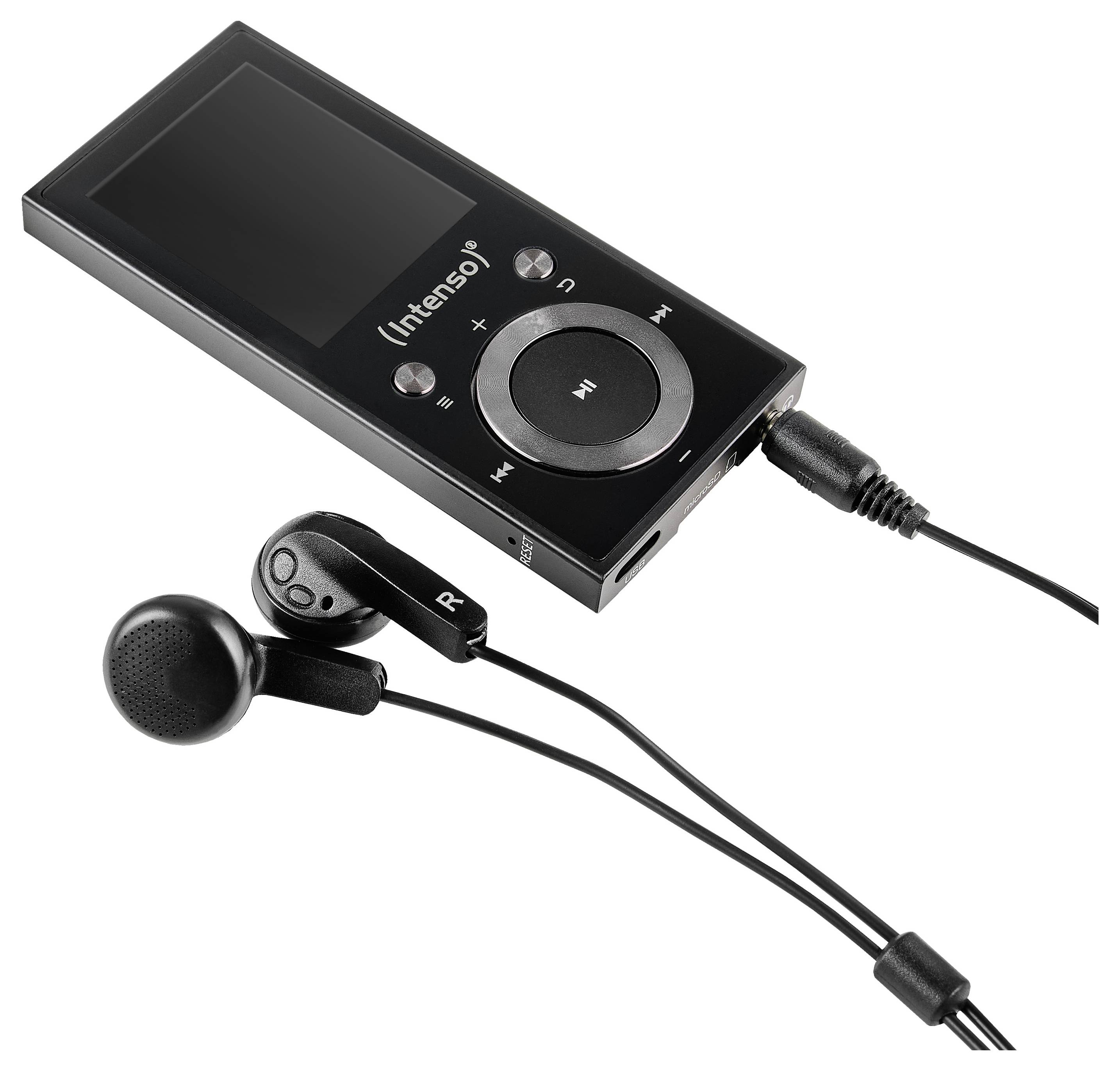 Ein schwarzer tragbarer Mediaplayer mit angeschlossenen Kopfhörern, ausgestattet mit einem kreisförmigen Steuerpad und einem kleinen Bildschirm.