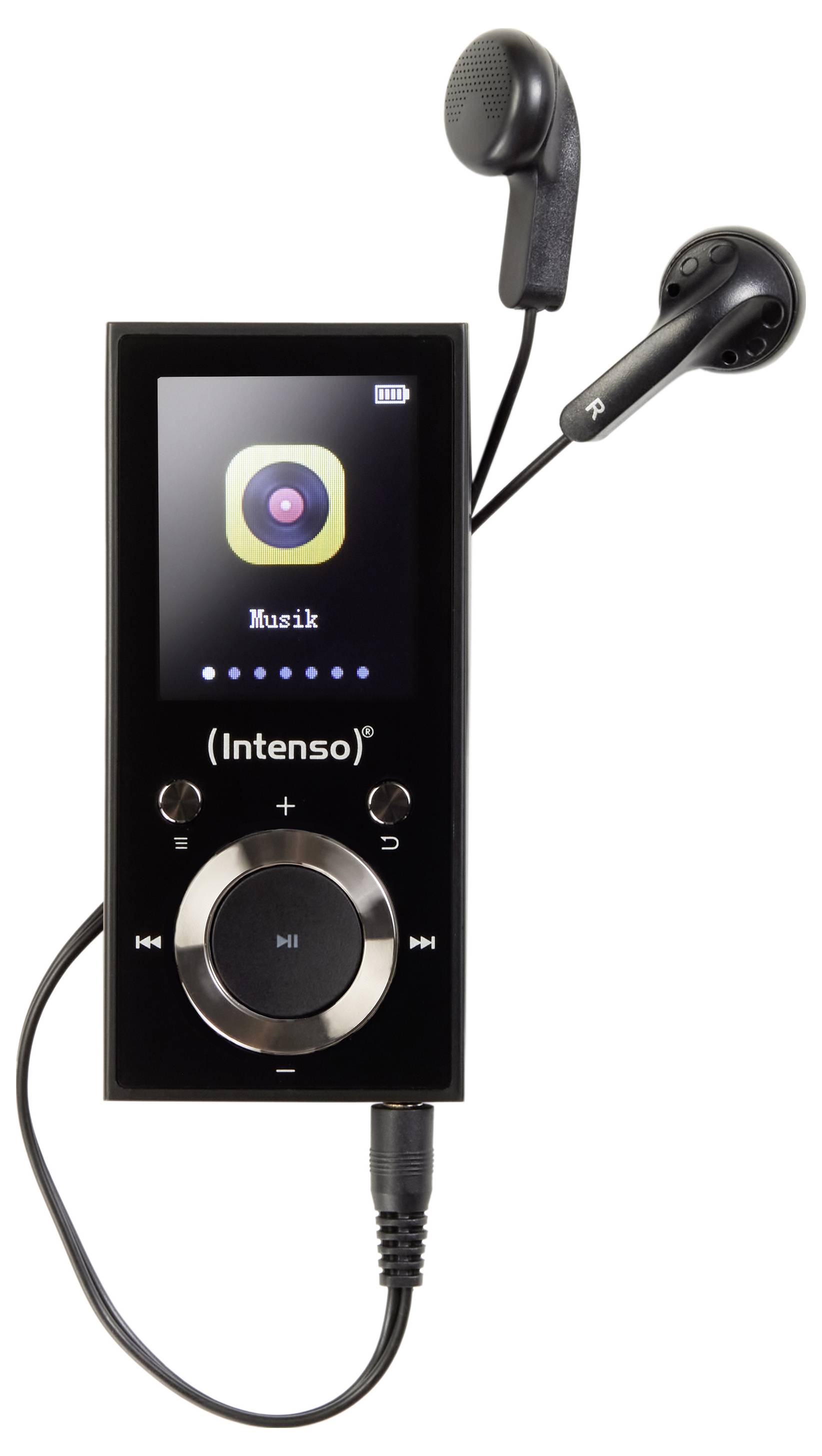Schwarzer Intenso portabler Musikplayer mit Kopfhörern. Zeigt 'Musik' auf dem Bildschirm. Mit rundem Bedienungspad mit Lautstärke- und Wiedergabetasten.