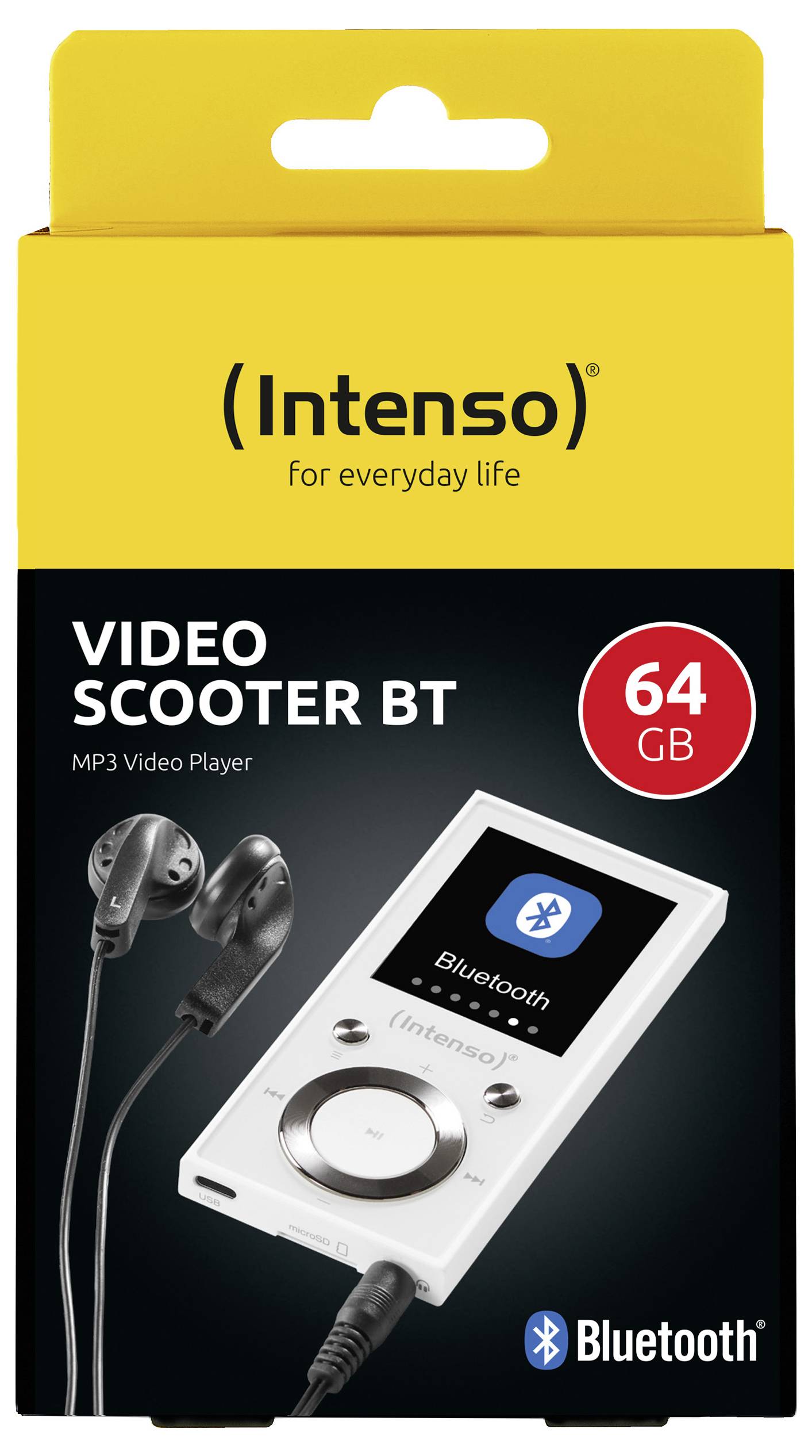 Verpackung des 'Intenso Video Scooter BT', ein MP3-Videoplayer mit 64 GB Speicher, Bluetooth und mitgelieferten Kopfhörern, in Schwarz und Gelb dargestellt.