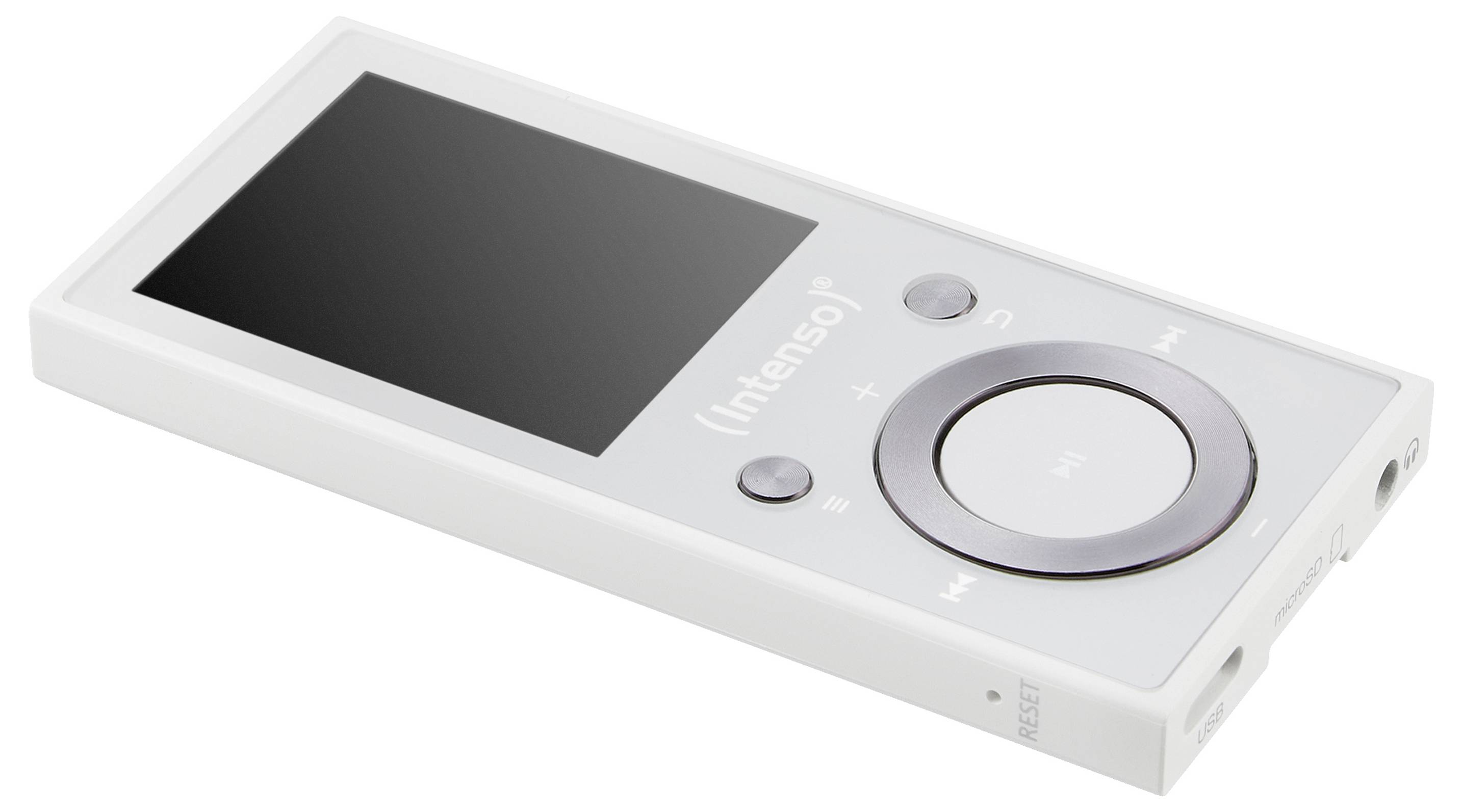 Ein weißer tragbarer Musikplayer mit Display und kreisförmigem Bedienfeld, auf dem die Marke 'Intenso' zu sehen ist.