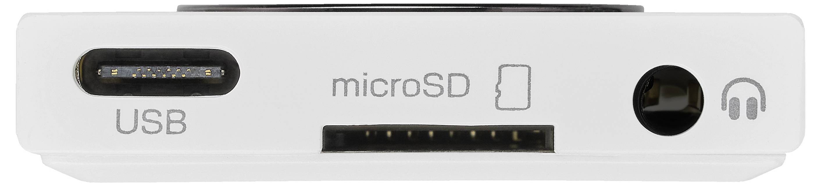 Eine Nahaufnahme eines Geräts, das Anschlüsse zeigt: USB-C, microSD-Kartensteckplatz und Kopfhörerbuchse, die Konnektivitätsoptionen verdeutlicht.