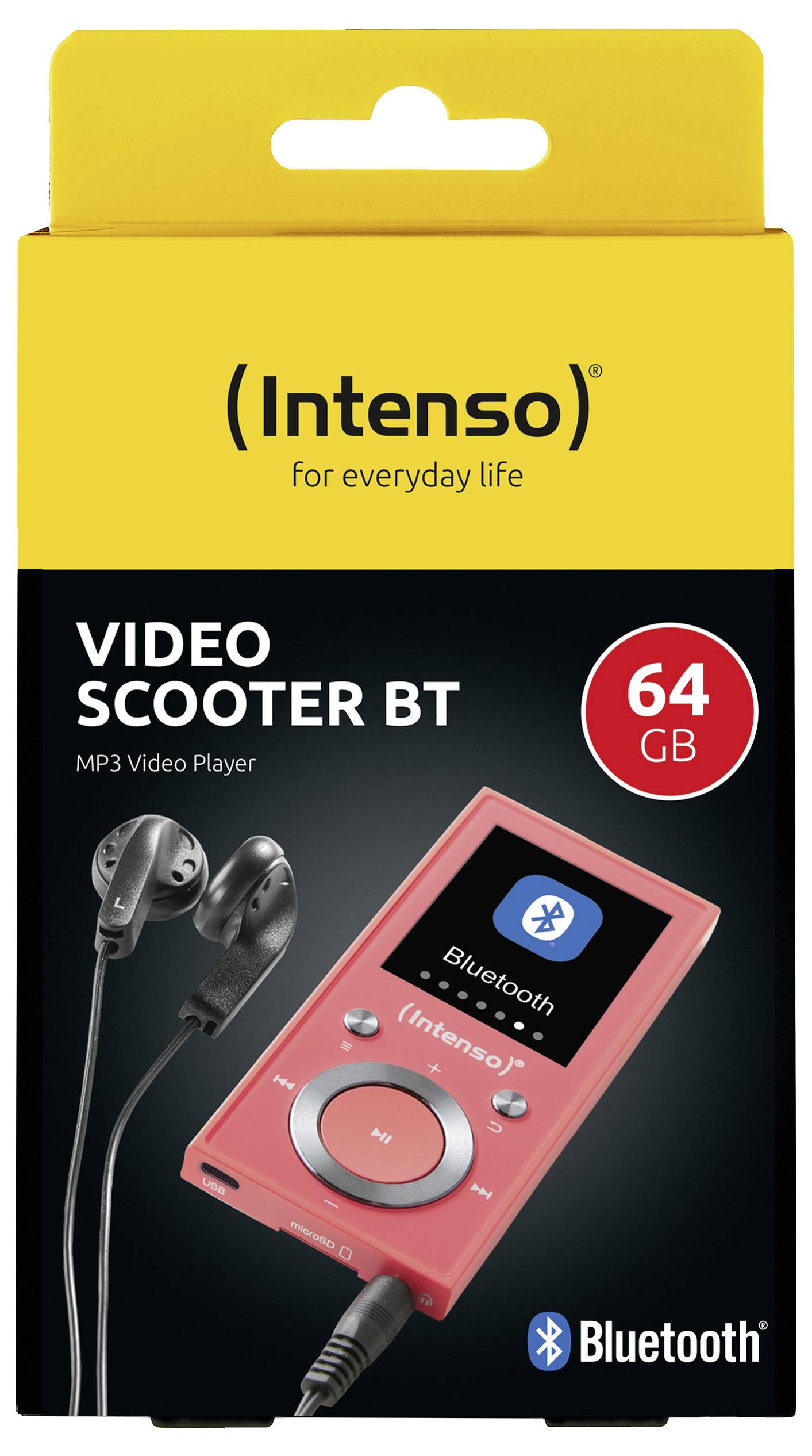 Intenso Video Scooter BT, ein 64 GB MP3-Videoplayer, auf der Verpackung mit Ohrhörern dargestellt. Unterstützt Bluetooth-Konnektivität.