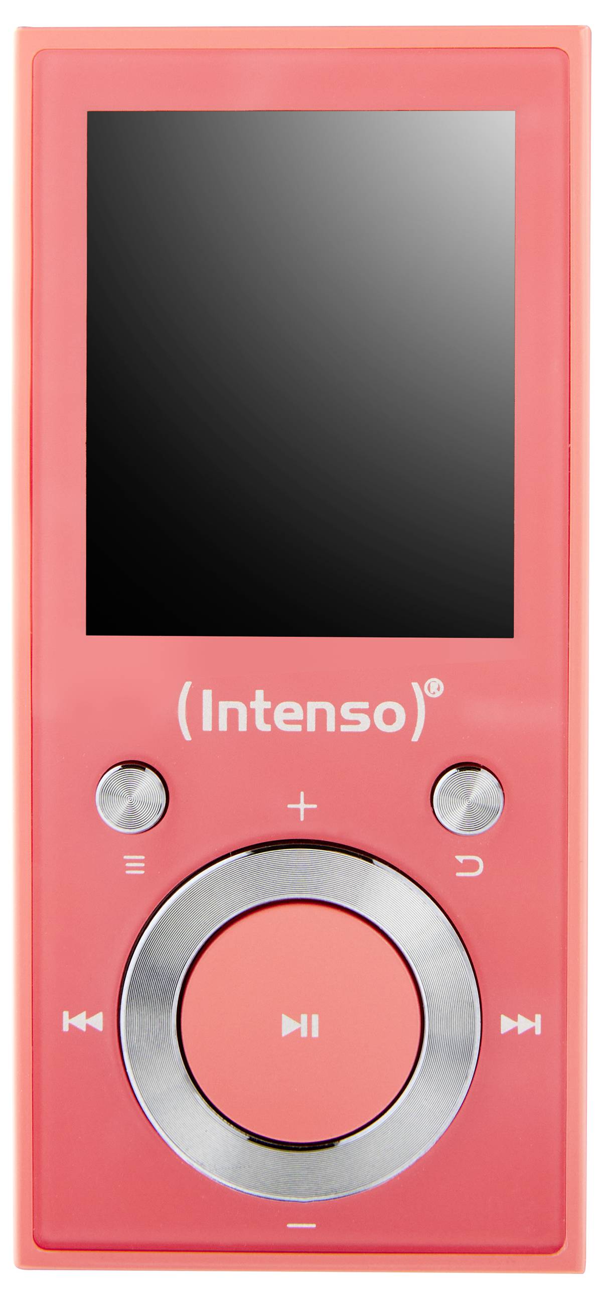 Ein roter tragbarer Musikplayer mit Display und Bedienungstasten, einschließlich Wiedergabe-, Pause- und Navigationsfunktionen.