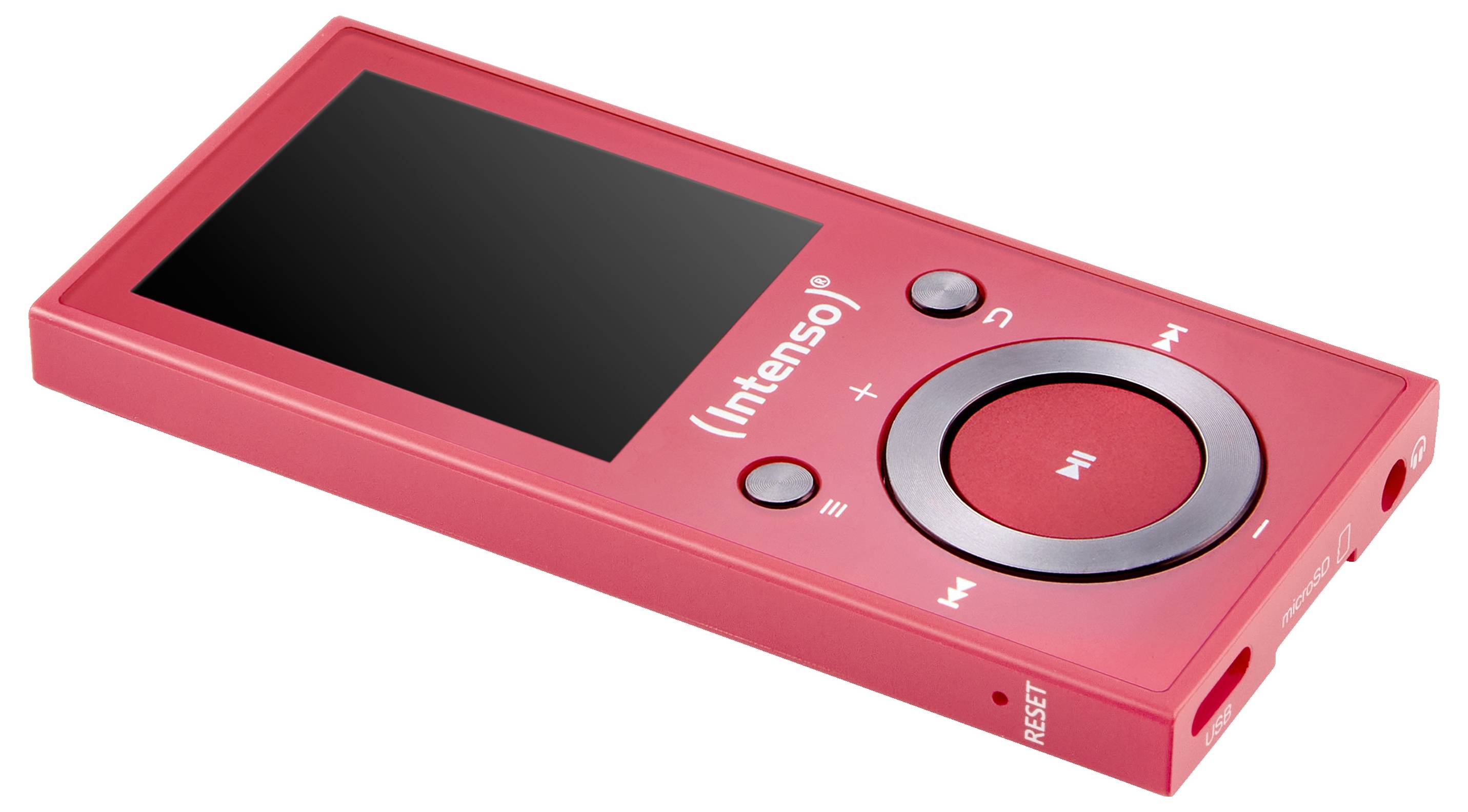 Roter tragbarer Musikplayer mit einer 'Play/Pause'-Taste, Richtungstasten, einem 1,8-Zoll-Bildschirm und dem 'Intenso'-Logo.