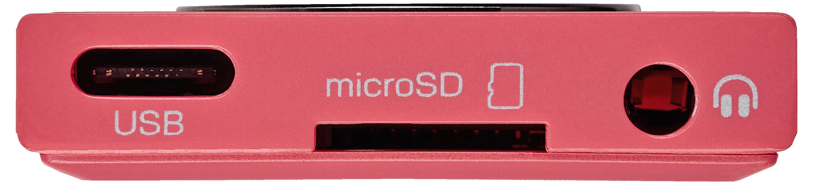 Nahaufnahme eines roten Gerätemoduls mit Anschlüssen für USB, microSD-Karte und Kopfhörer.