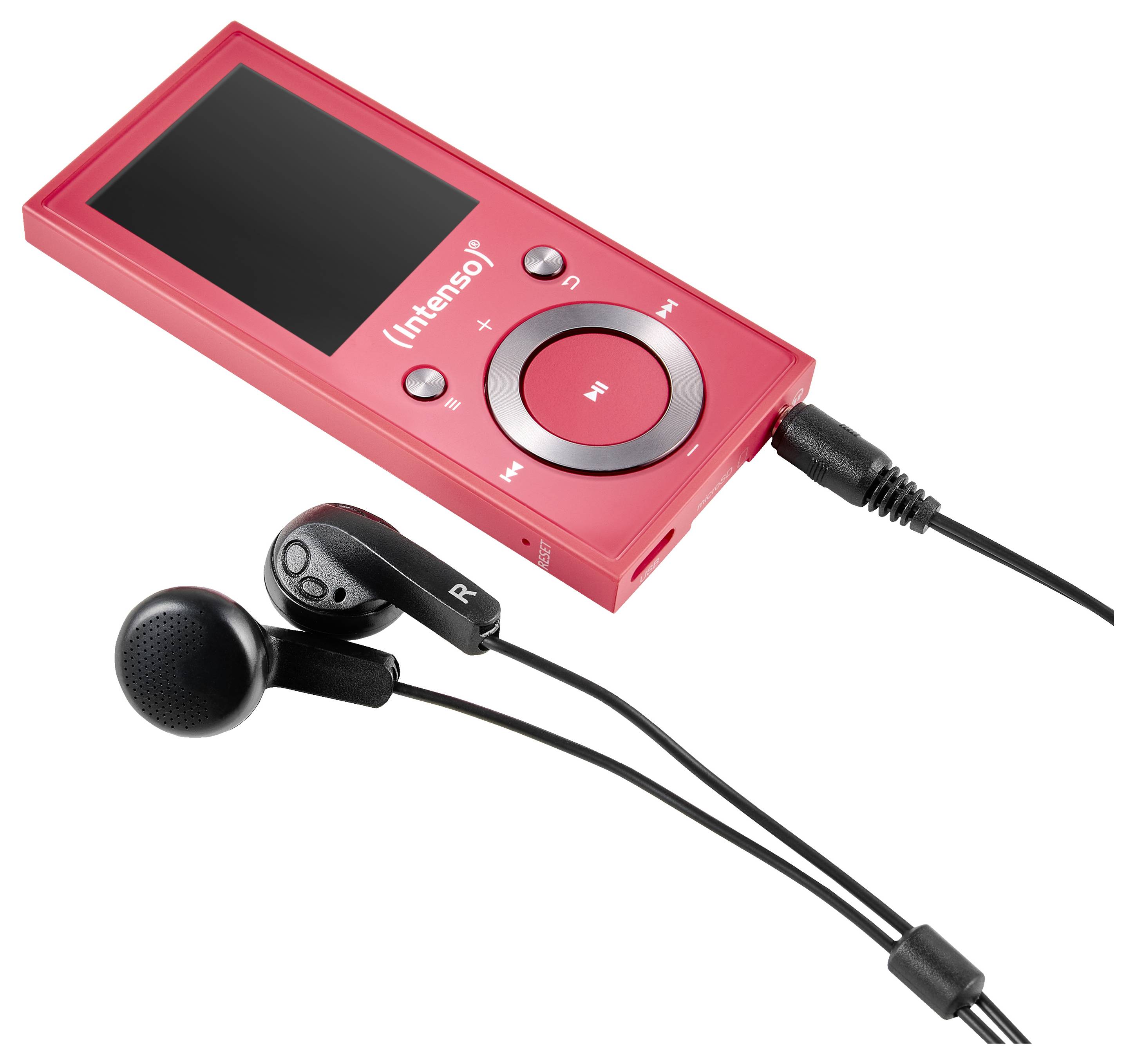 Ein roter MP3-Player mit Display und Bedienungstasten, der mit schwarzen Kopfhörern mit Kabel verbunden ist.