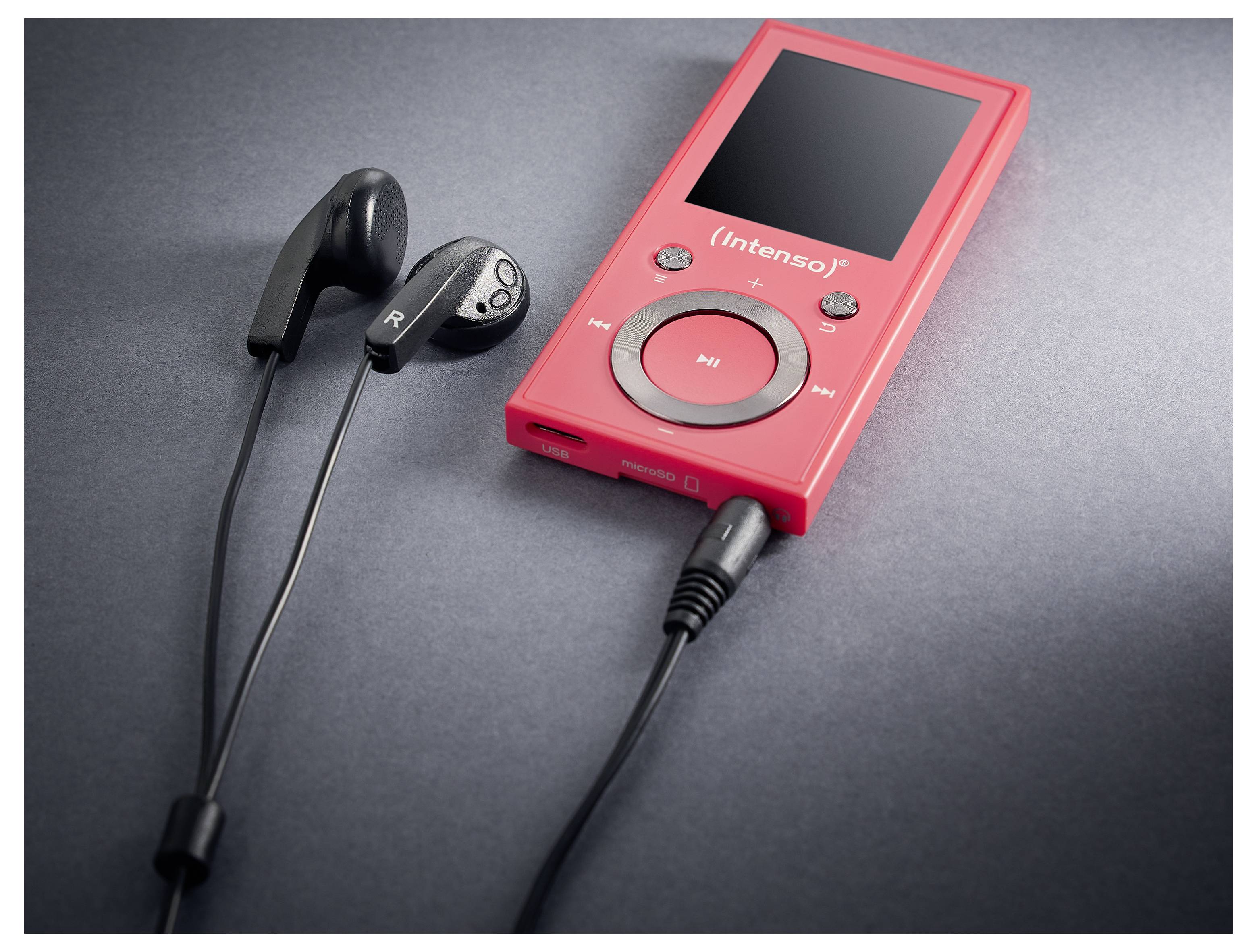 Roter tragbarer Musikspieler mit Kopfhörern, der auf einer dunklen Oberfläche platziert ist. Zu den Hauptmerkmalen gehören ein Play-Button und ein Bildschirm.