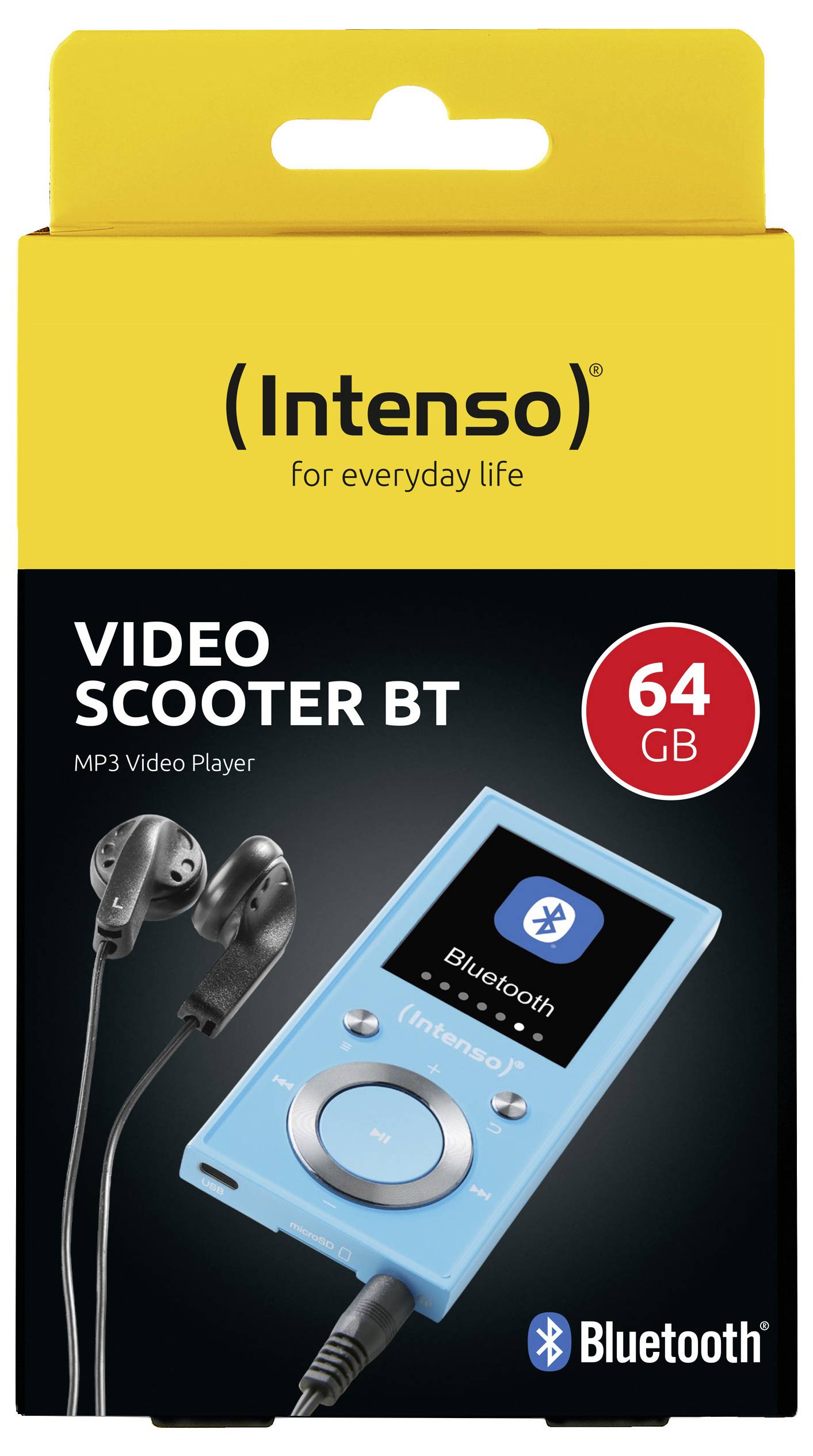 'Intenso Video Scooter BT', ein 64 GB MP3-Videoplayer mit Bluetooth, in Blau dargestellt. Paket enthält Ohrhörer, Funktionen auf der Verpackung präsentiert.