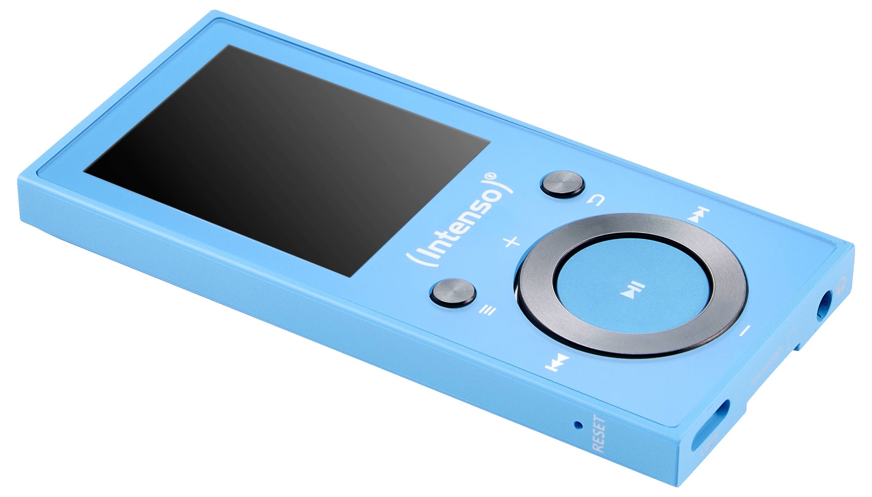 Ein blauer tragbarer Mediaplayer mit einem Bildschirm und kreisförmigen Bedienungstasten für Wiedergabe, Pause und Navigation, der die Marke 'Intenso' trägt.