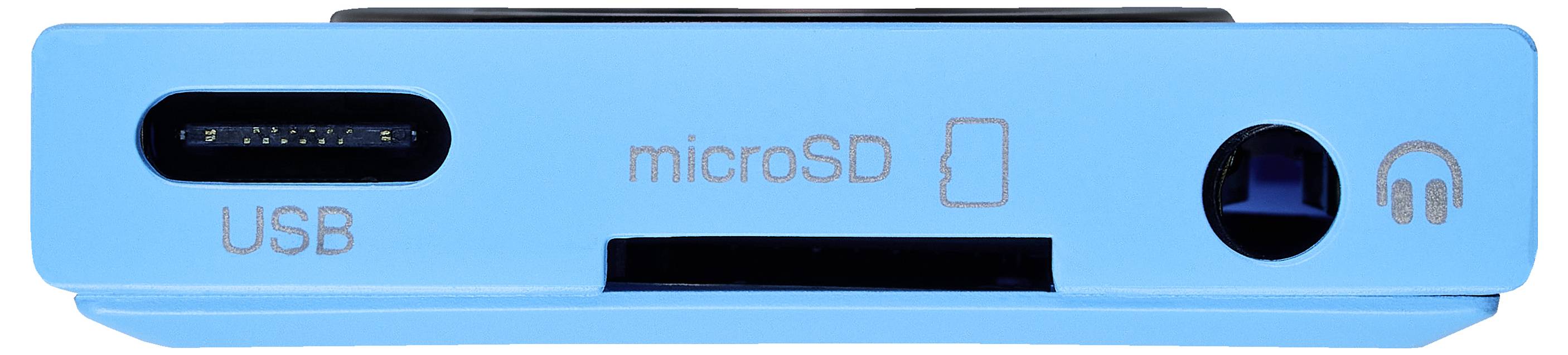 Ein blaues Gerät mit einem USB-Anschluss, einem microSD-Kartenslot und einem Kopfhöreranschluss, das seine Konnektivitätsoptionen hervorhebt.
