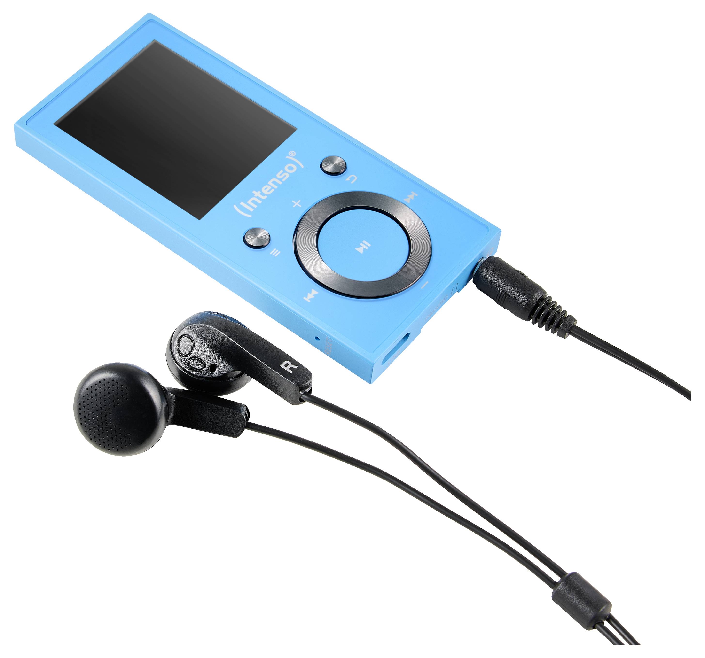 Ein blauer tragbarer MP3-Player mit Display und kreisförmigen Bedienungstasten, der mit einem Paar schwarzer Kopfhörer verbunden ist.