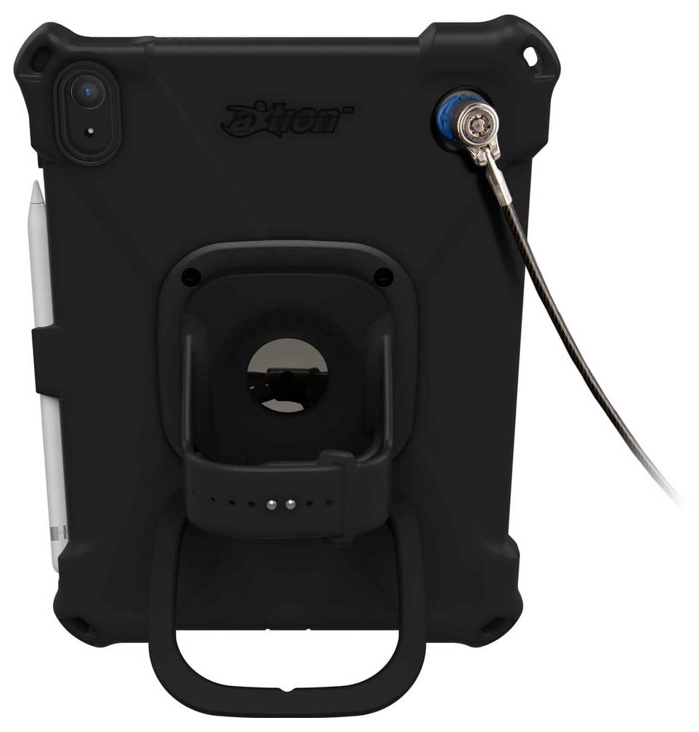 Ein robustes Tablet mit einem schwarzen Schutzgehäuse, einem Eingabestift auf der linken Seite und einem Kabel, das in der oberen rechten Ecke angeschlossen ist.