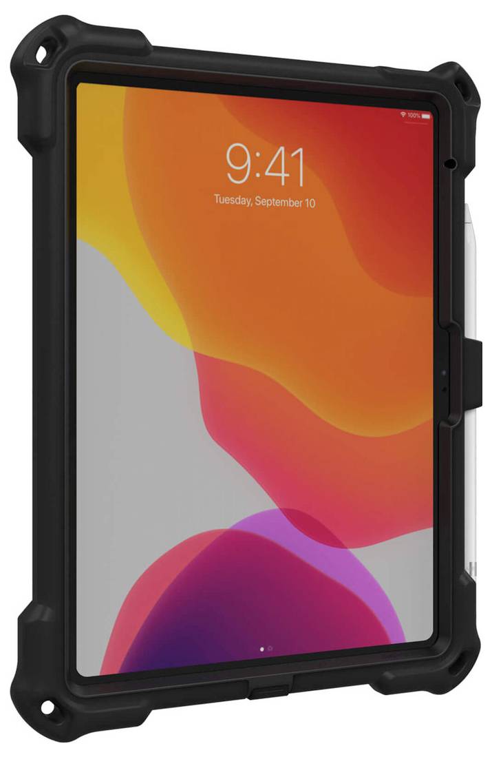 Ein Tablet mit einem robusten schwarzen Gehäuse zeigt den Startbildschirm mit der Uhrzeit '9:41' und dem Datum 'Dienstag, 10. September'.