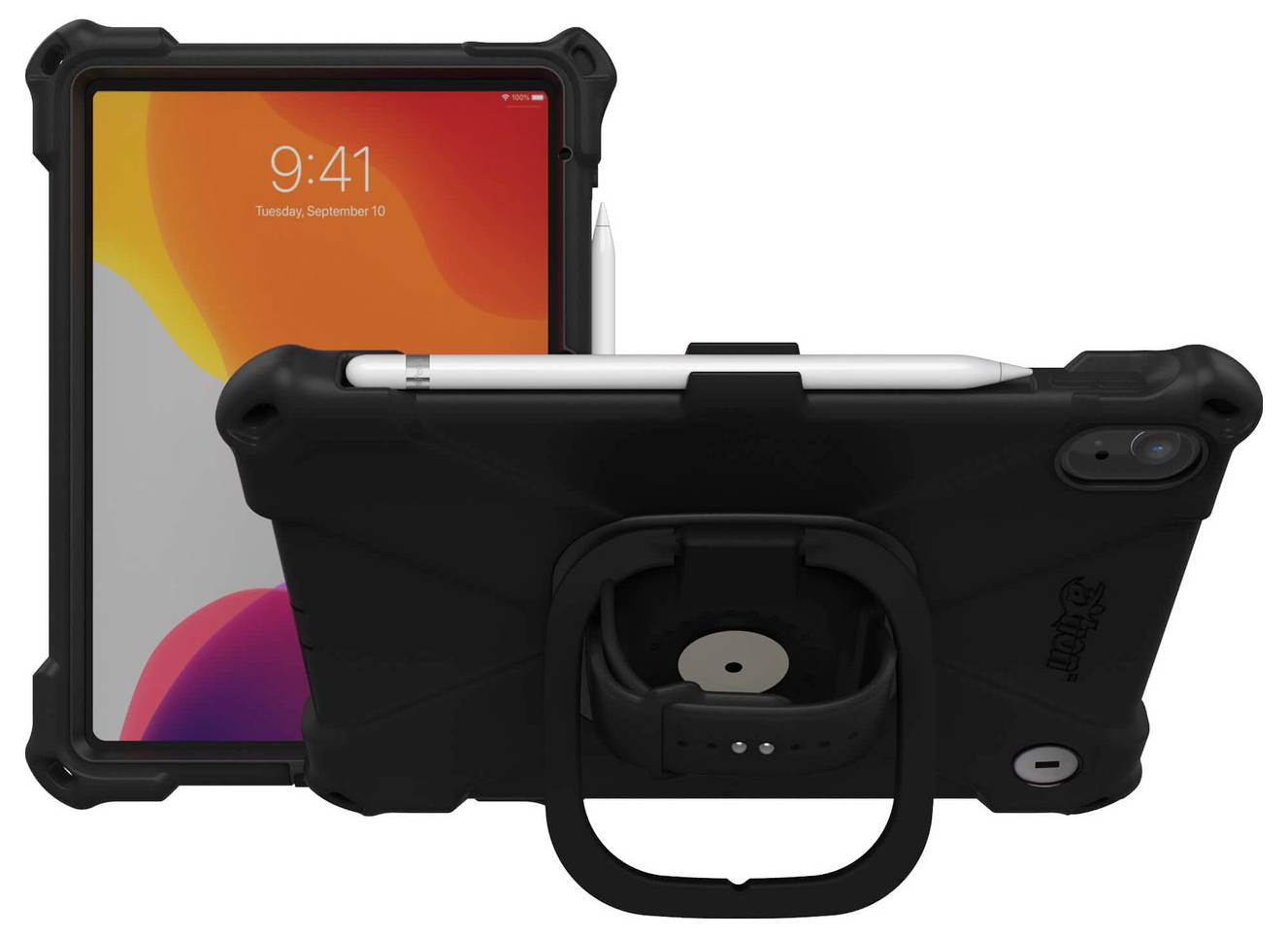 Tablet-Hülle mit Doppelansicht und robustem Design; enthält einen Ständer und einen Griffelhalter, von vorne und hinten gezeigt, die den Geräteschutz demonstrieren.