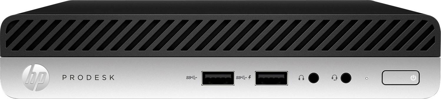 Ein kompakter silberner und schwarzer HP ProDesk Mini-PC mit nach vorne gerichteten USB-Anschlüssen, Audioports und Powerknopf.
