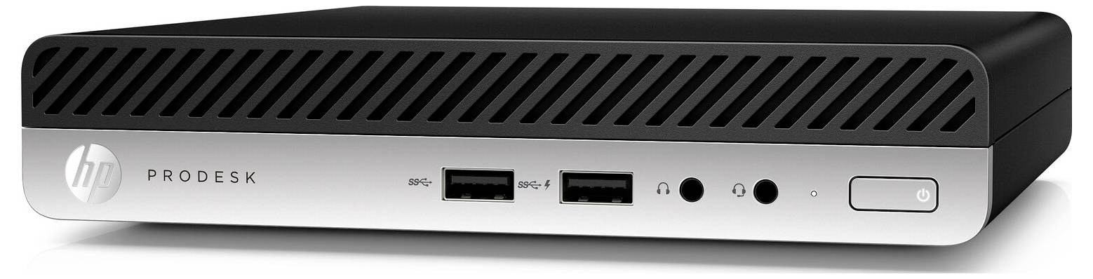 HP ProDesk Mini-Desktop-Computer mit silberner Frontblende, auf der der Markenname zu sehen ist, zwei USB-Anschlüssen, einem Audioeingang und einem Einschaltknopf.