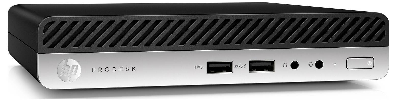 Ein silberner und schwarzer kompakter Computer mit der Beschriftung 'HP ProDesk' an der Vorderseite, ausgestattet mit USB-Anschlüssen und einem Einschaltknopf.