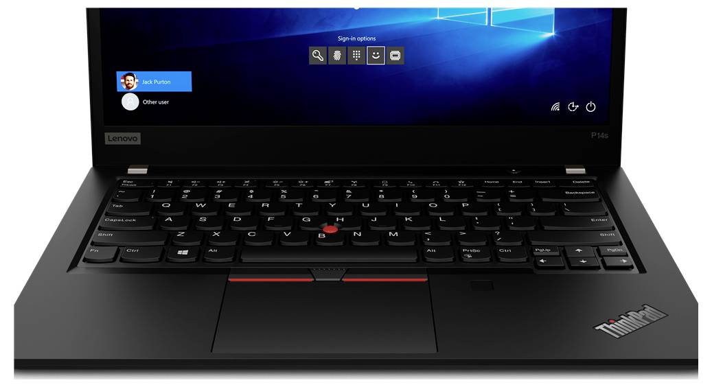 Ein Lenovo ThinkPad Laptop, der einen Anmeldebildschirm mit Benutzeroptionen anzeigt. Die Tastatur und ein Teil des Bildschirms mit Anmeldedetails sind sichtbar.